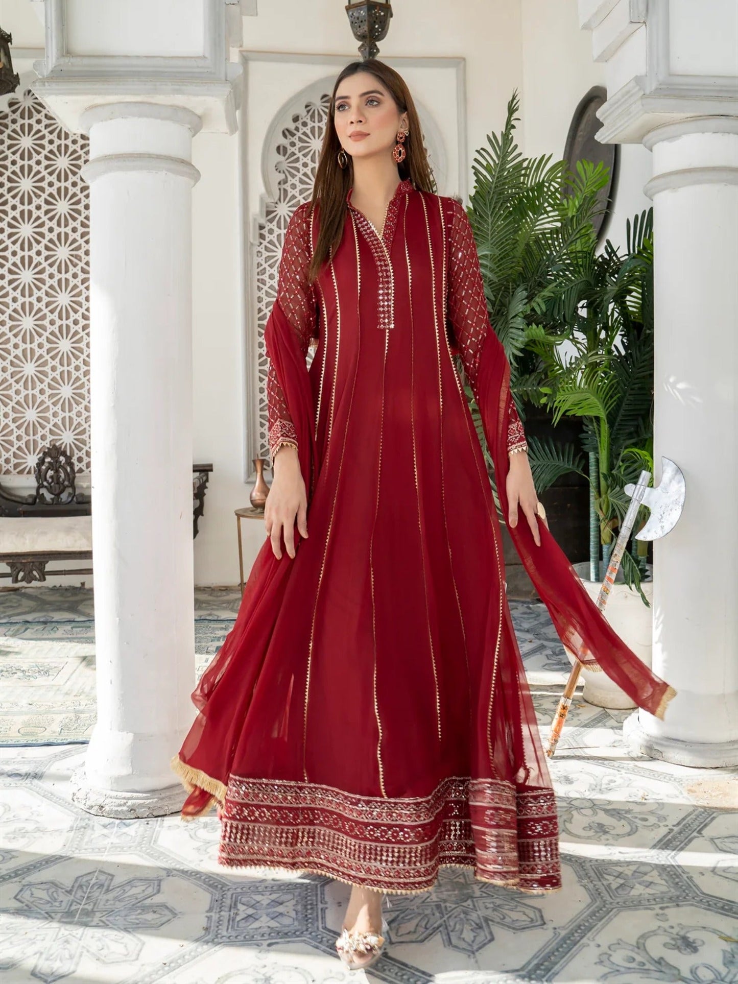 Maroon Manahil Arts Chiffon Embroidered Stitched 3-Piece Maxi-Kurti 106-Maroon