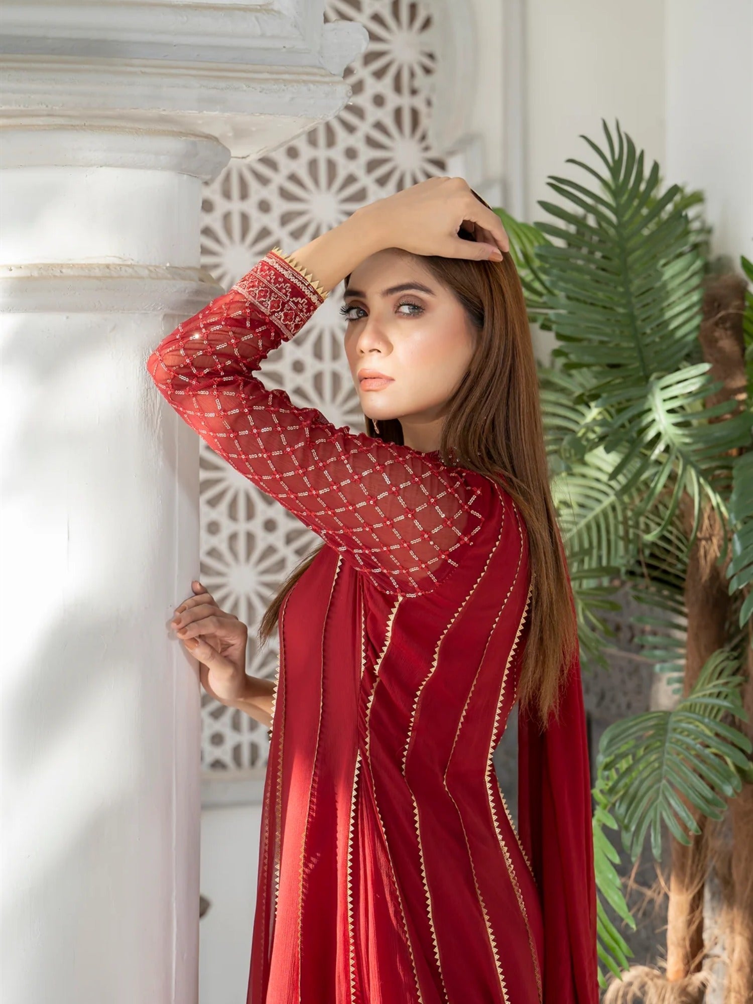 Maroon Manahil Arts Chiffon Embroidered Stitched 3-Piece Maxi-Kurti 106-Maroon