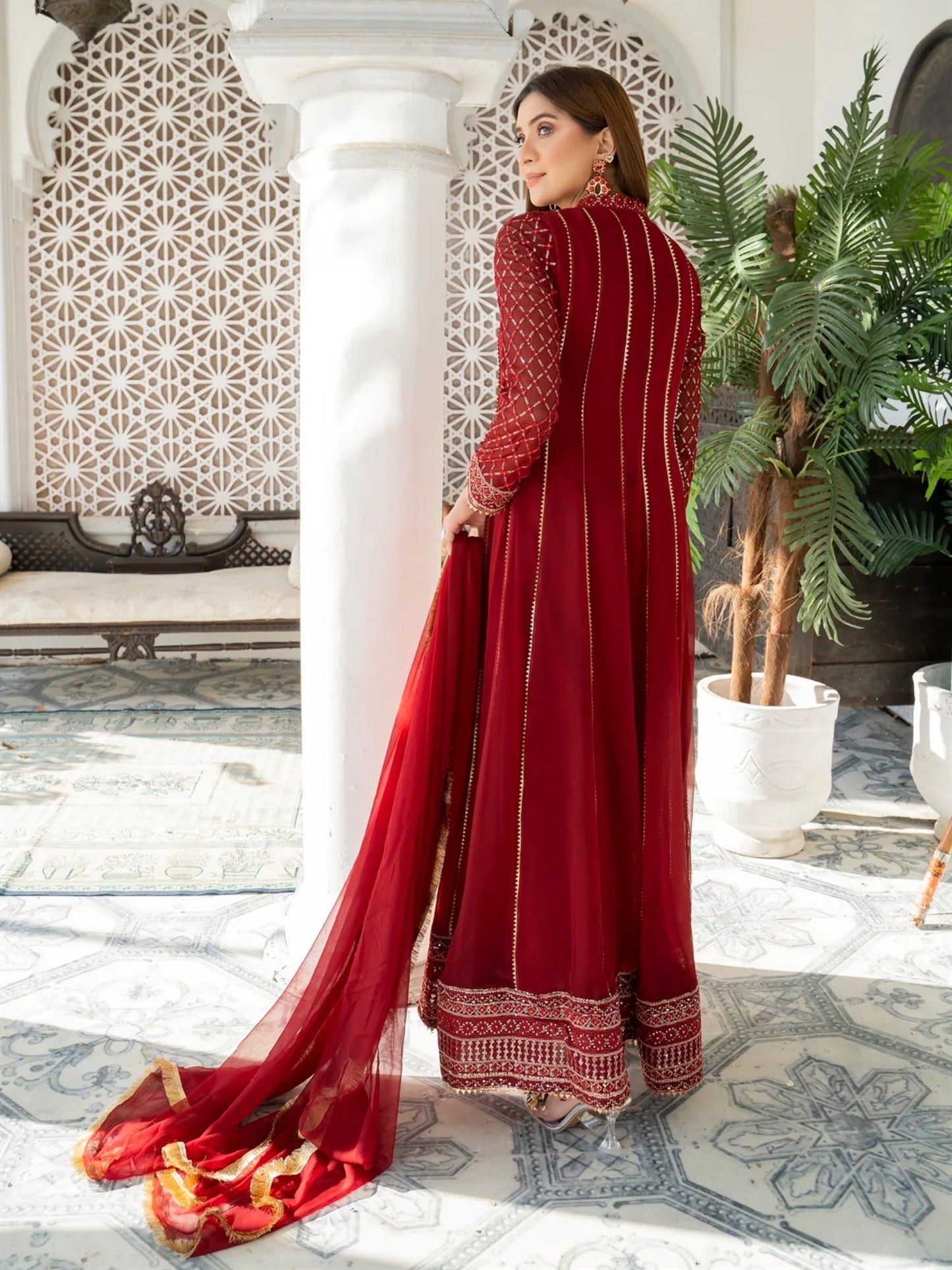 Maroon Manahil Arts Chiffon Embroidered Stitched 3-Piece Maxi-Kurti 106-Maroon