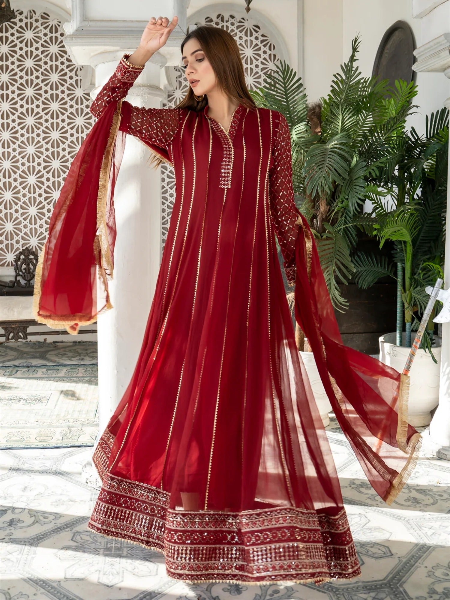 Maroon Manahil Arts Chiffon Embroidered Stitched 3-Piece Maxi-Kurti 106-Maroon