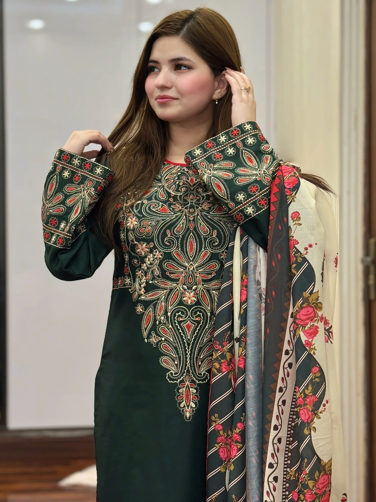 Green-Tehzeeb Libaas Lawn Embroidered Stitched 3-Piece Suit-Dinaar