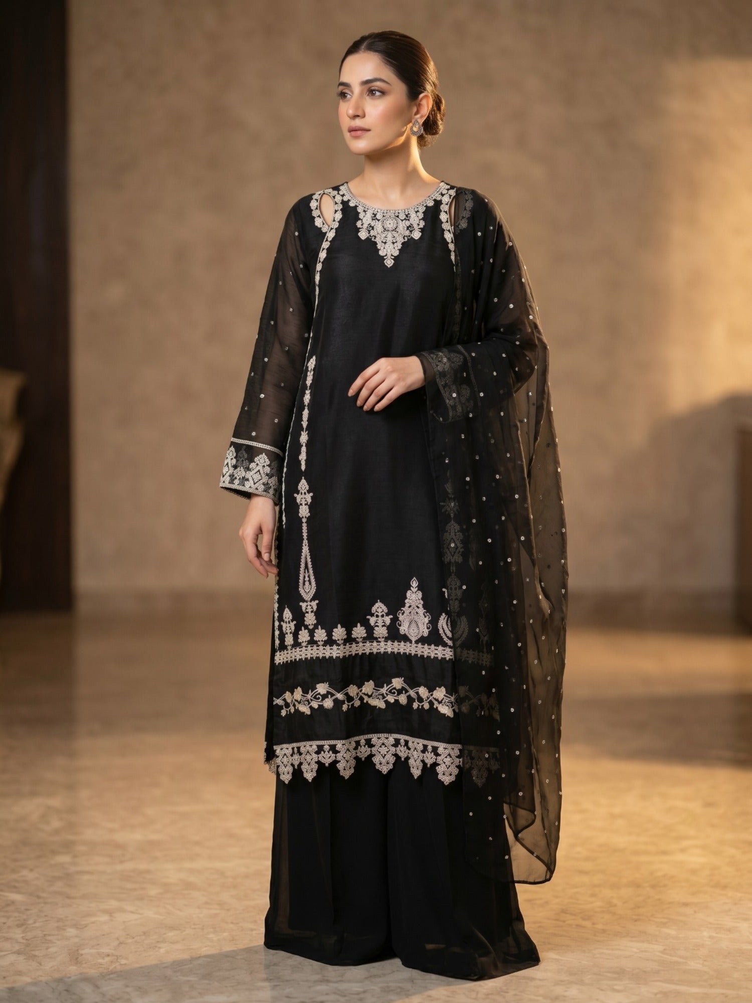 Black Duas Boutique Chiffon Embroidered Stitched 3-Piece Suit-Black Glam 