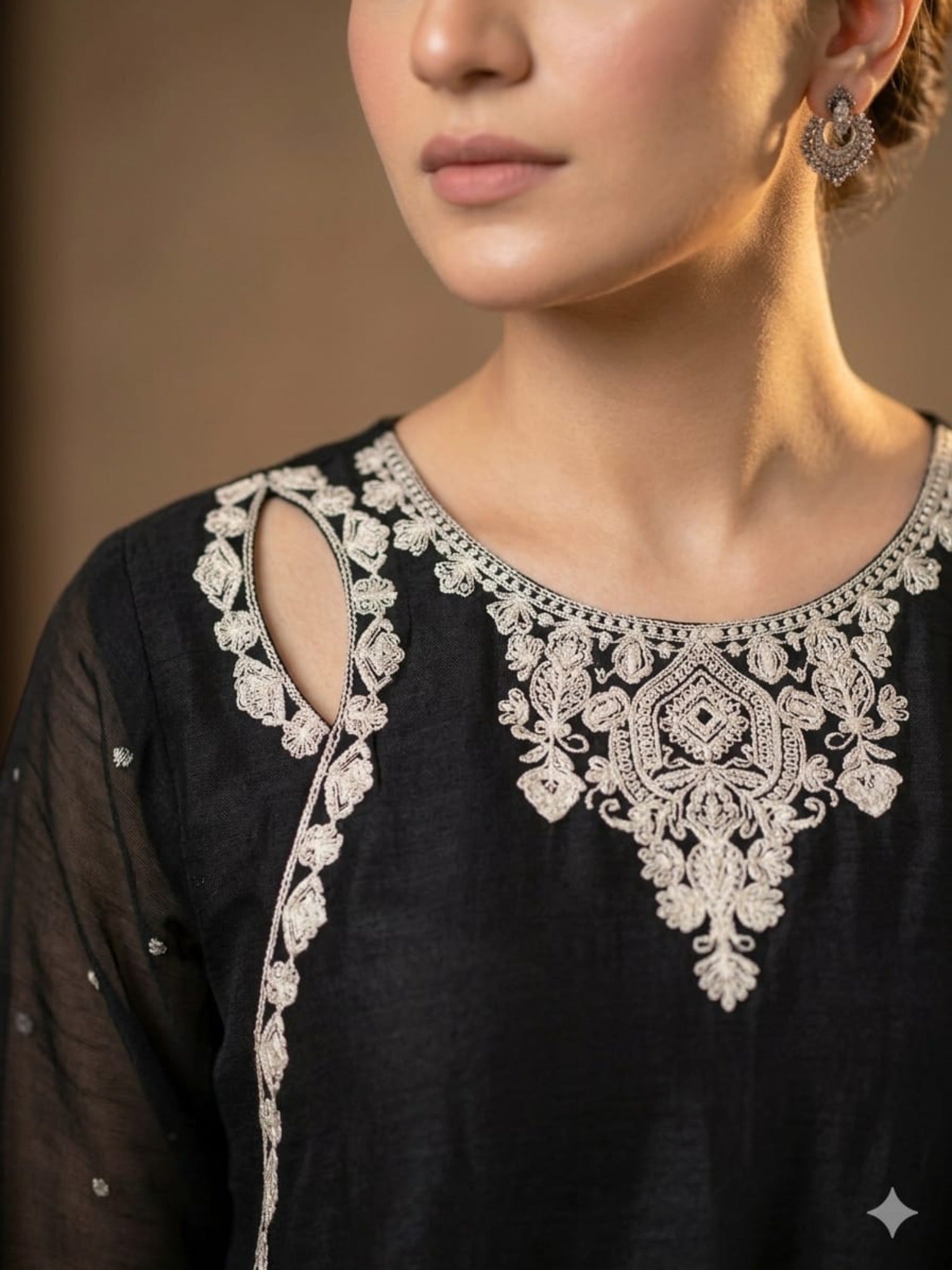Black Duas Boutique Chiffon Embroidered Stitched 3-Piece Suit-Black Glam 