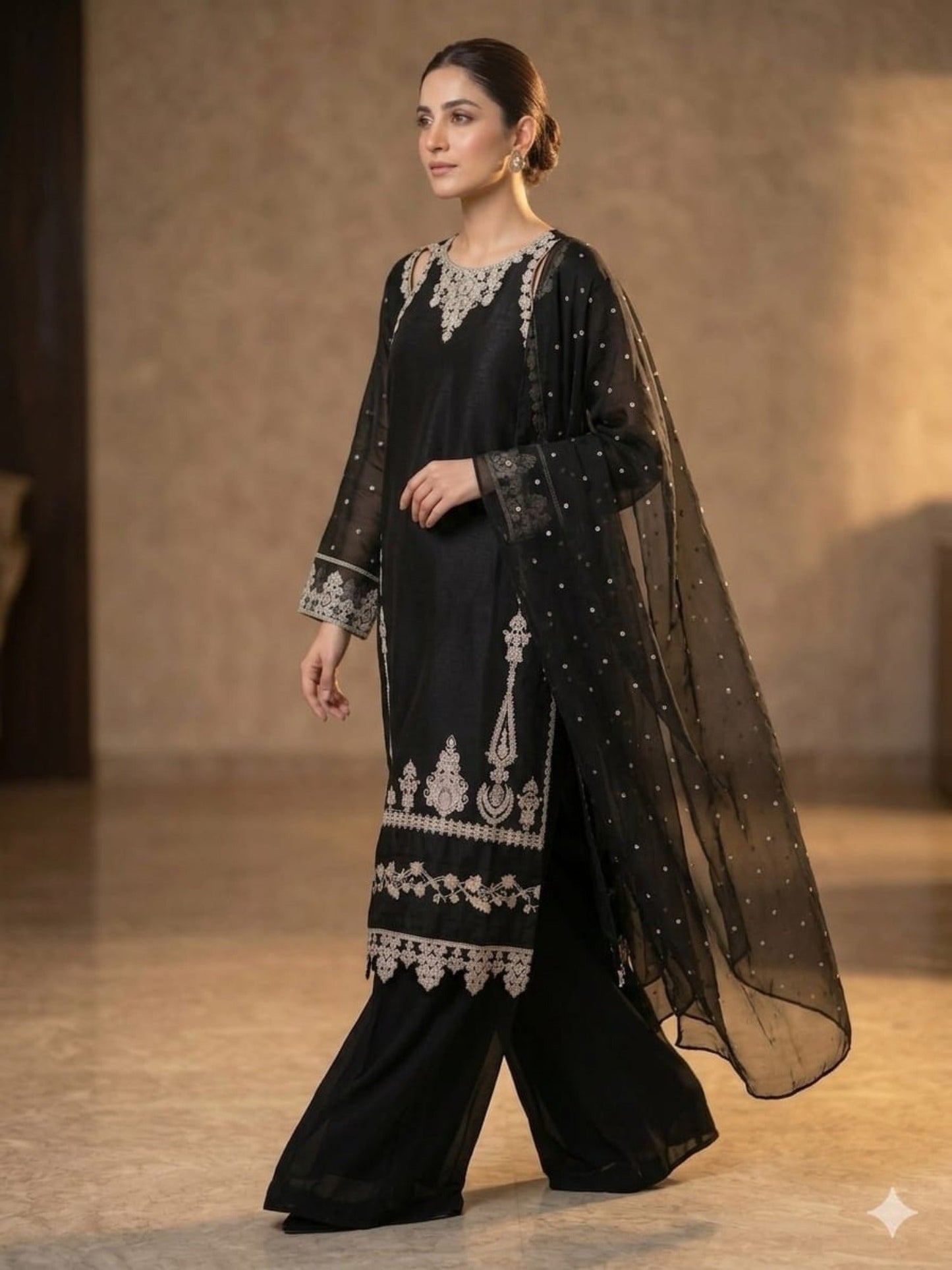 Black Duas Boutique Chiffon Embroidered Stitched 3-Piece Suit-Black Glam 