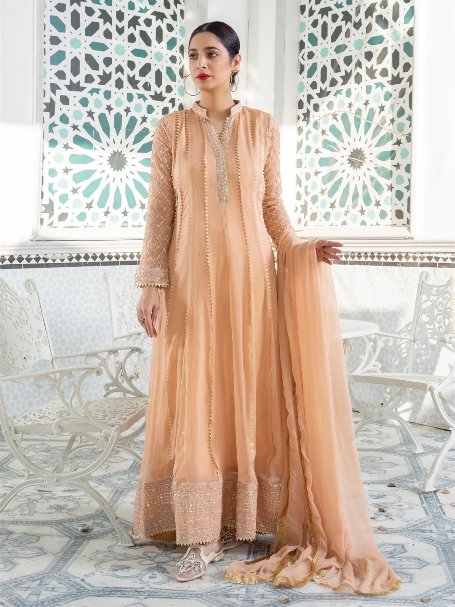 Peach Manahil Arts Chiffon Embroidered Stitched 3-Piece Maxi-Kurti 106-Peach