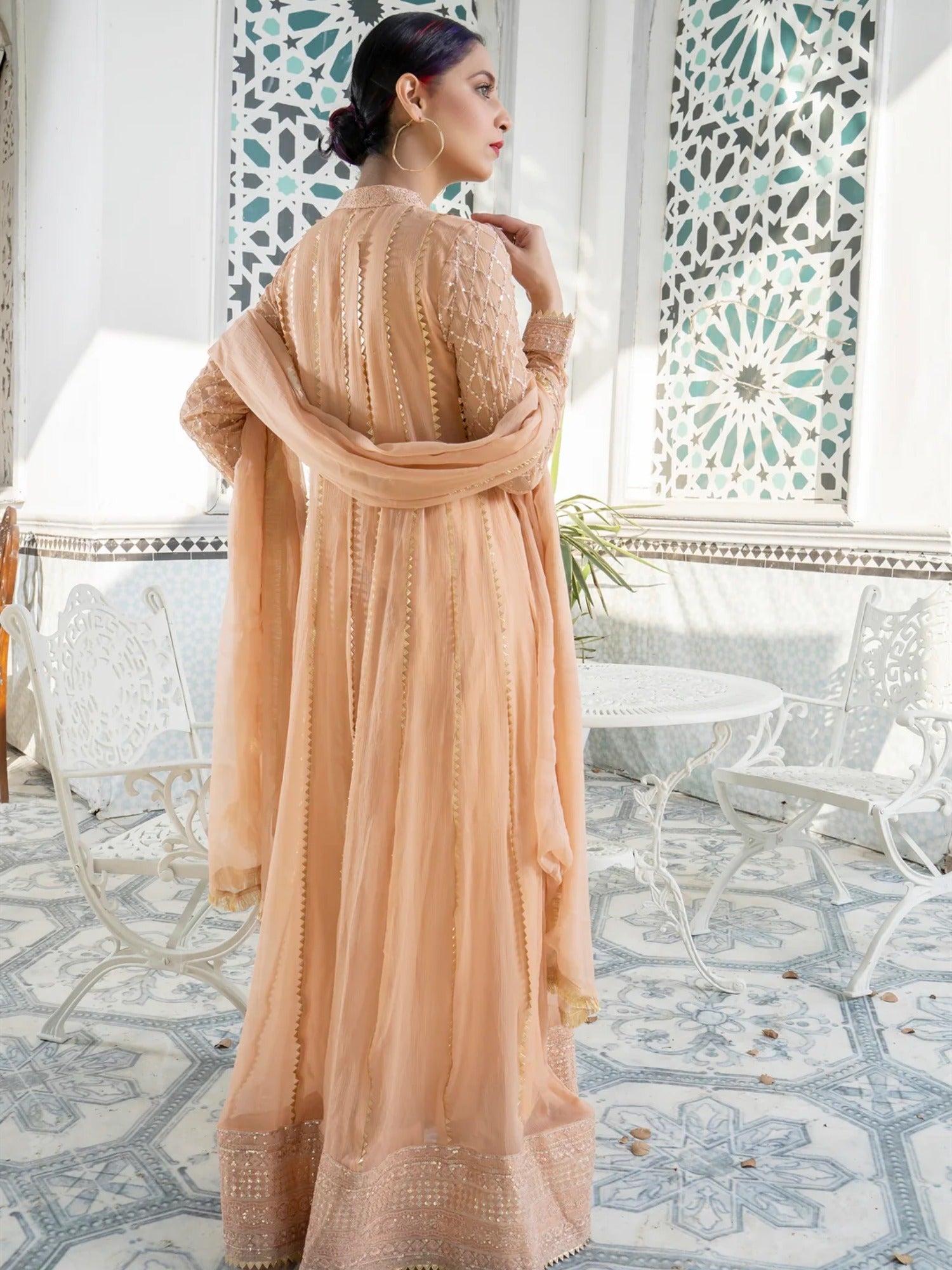 Peach Manahil Arts Chiffon Embroidered Stitched 3-Piece Maxi-Kurti 106-Peach