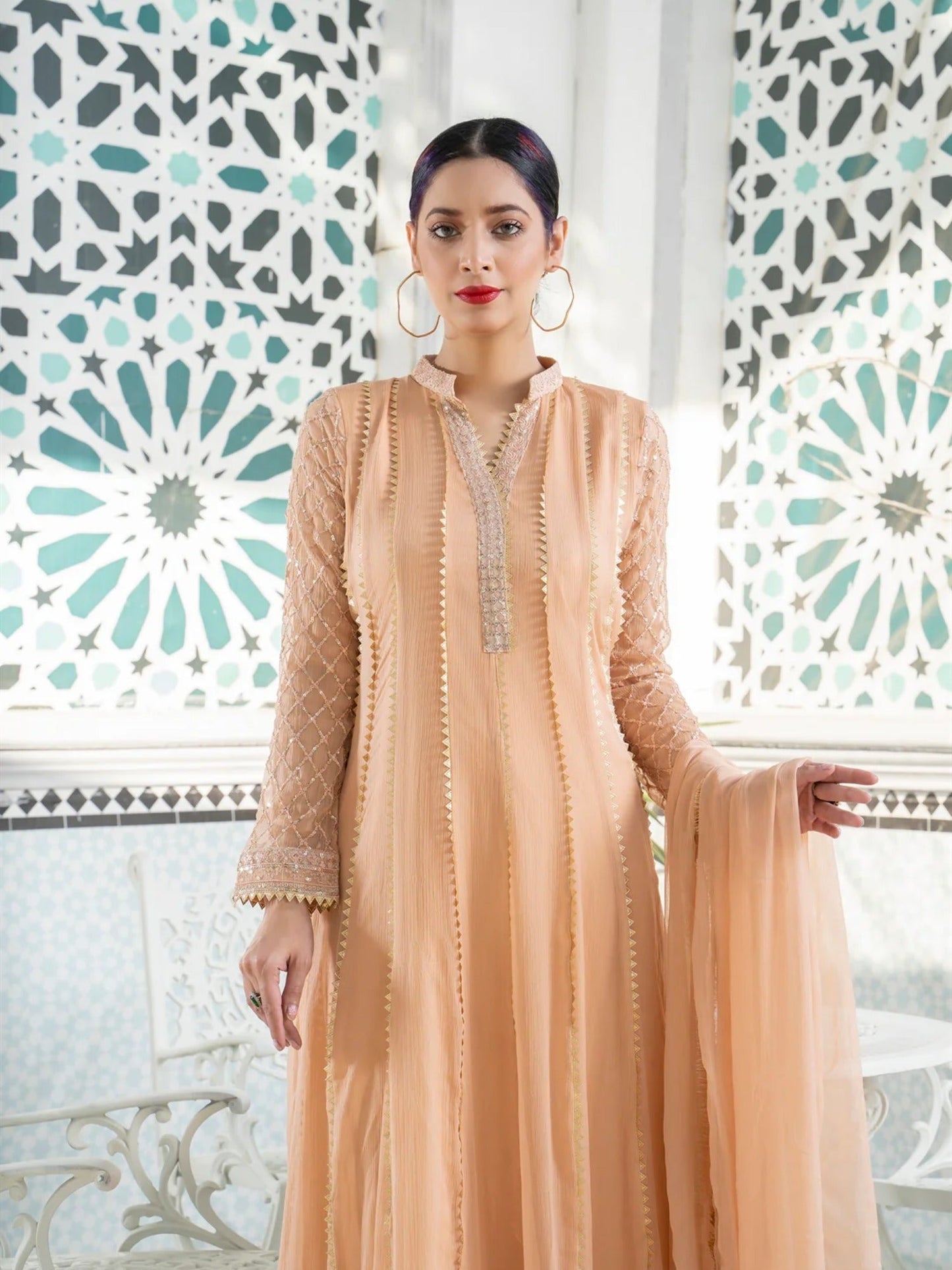 Peach Manahil Arts Chiffon Embroidered Stitched 3-Piece Maxi-Kurti 106-Peach