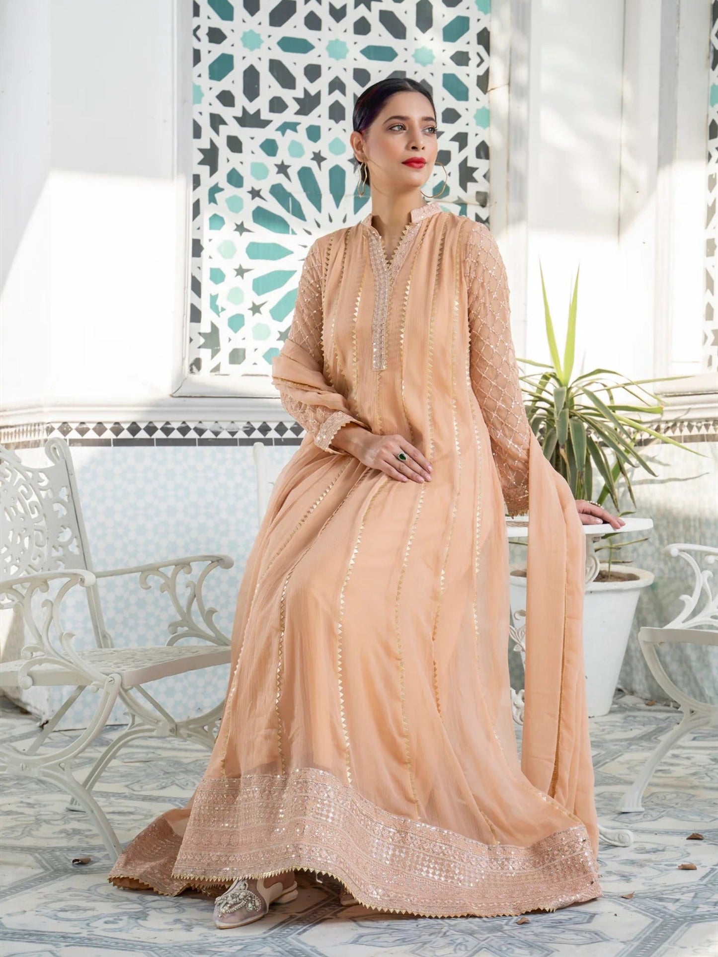 Peach Manahil Arts Chiffon Embroidered Stitched 3-Piece Maxi-Kurti 106-Peach