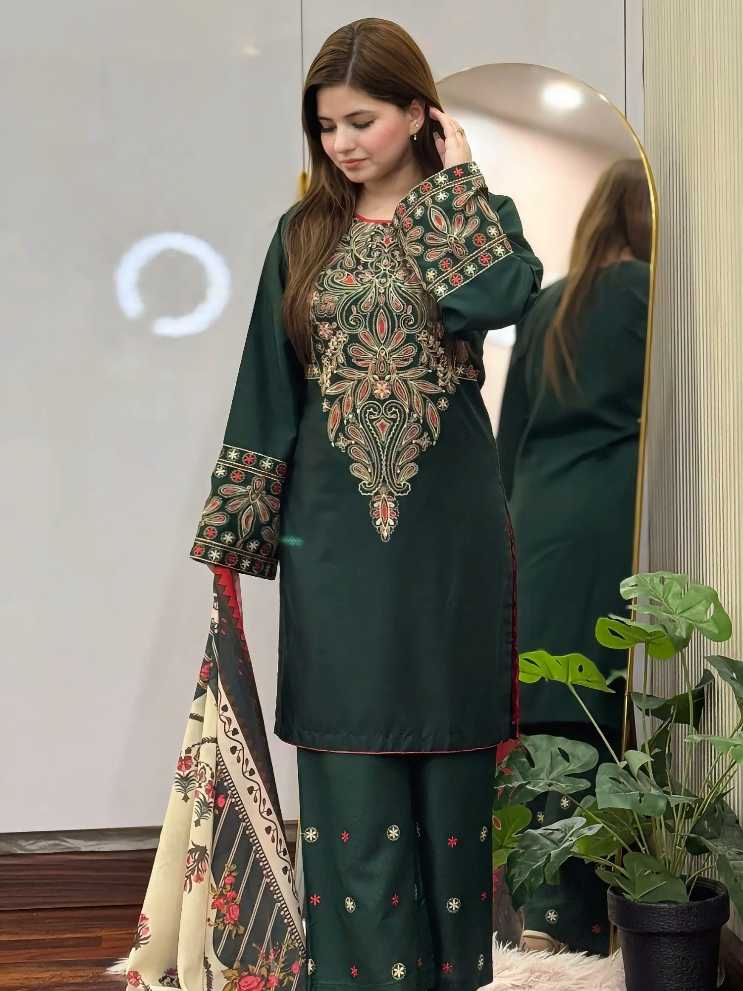Green-Tehzeeb Libaas Lawn Embroidered Stitched 3-Piece Suit-Dinaar
