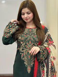 Green-Tehzeeb Libaas Lawn Embroidered Stitched 3-Piece Suit-Dinaar