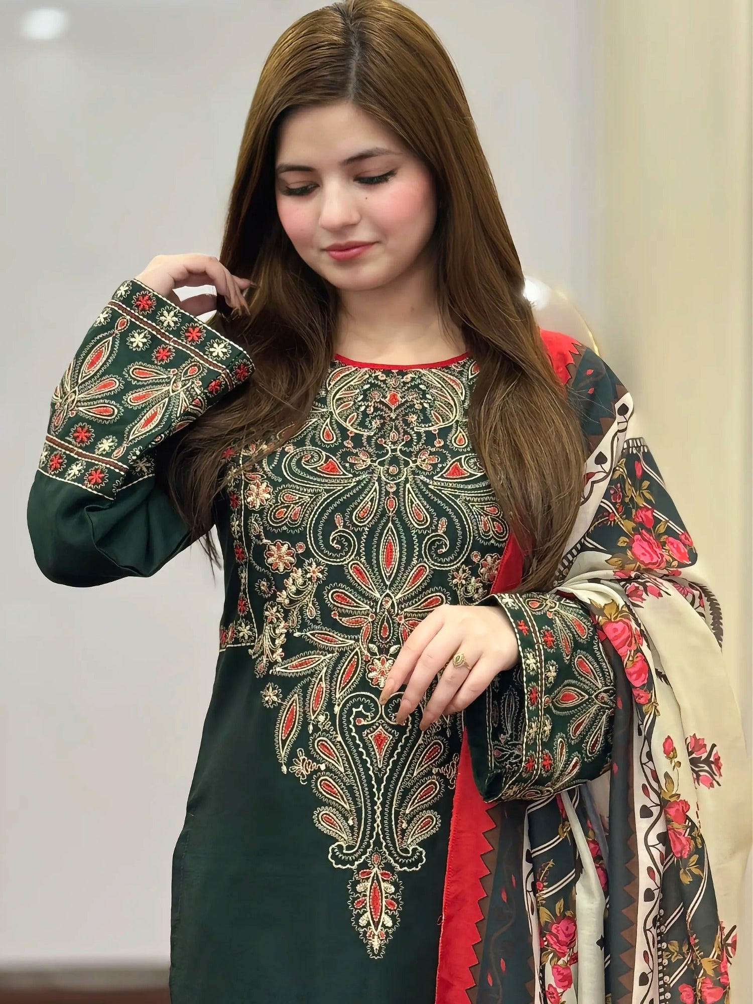 Green-Tehzeeb Libaas Lawn Embroidered Stitched 3-Piece Suit-Dinaar