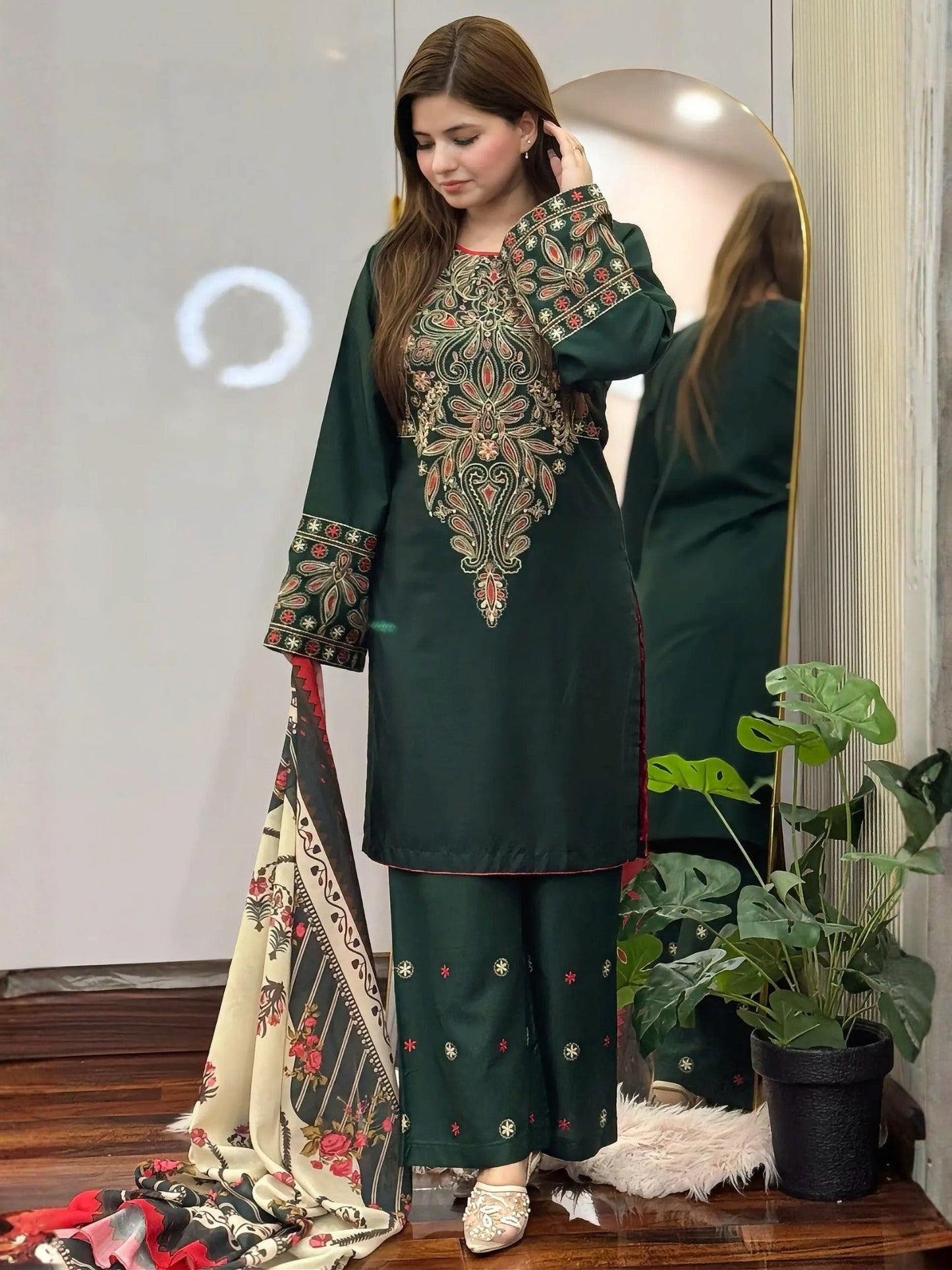 Green-Tehzeeb Libaas Lawn Embroidered Stitched 3-Piece Suit-Dinaar