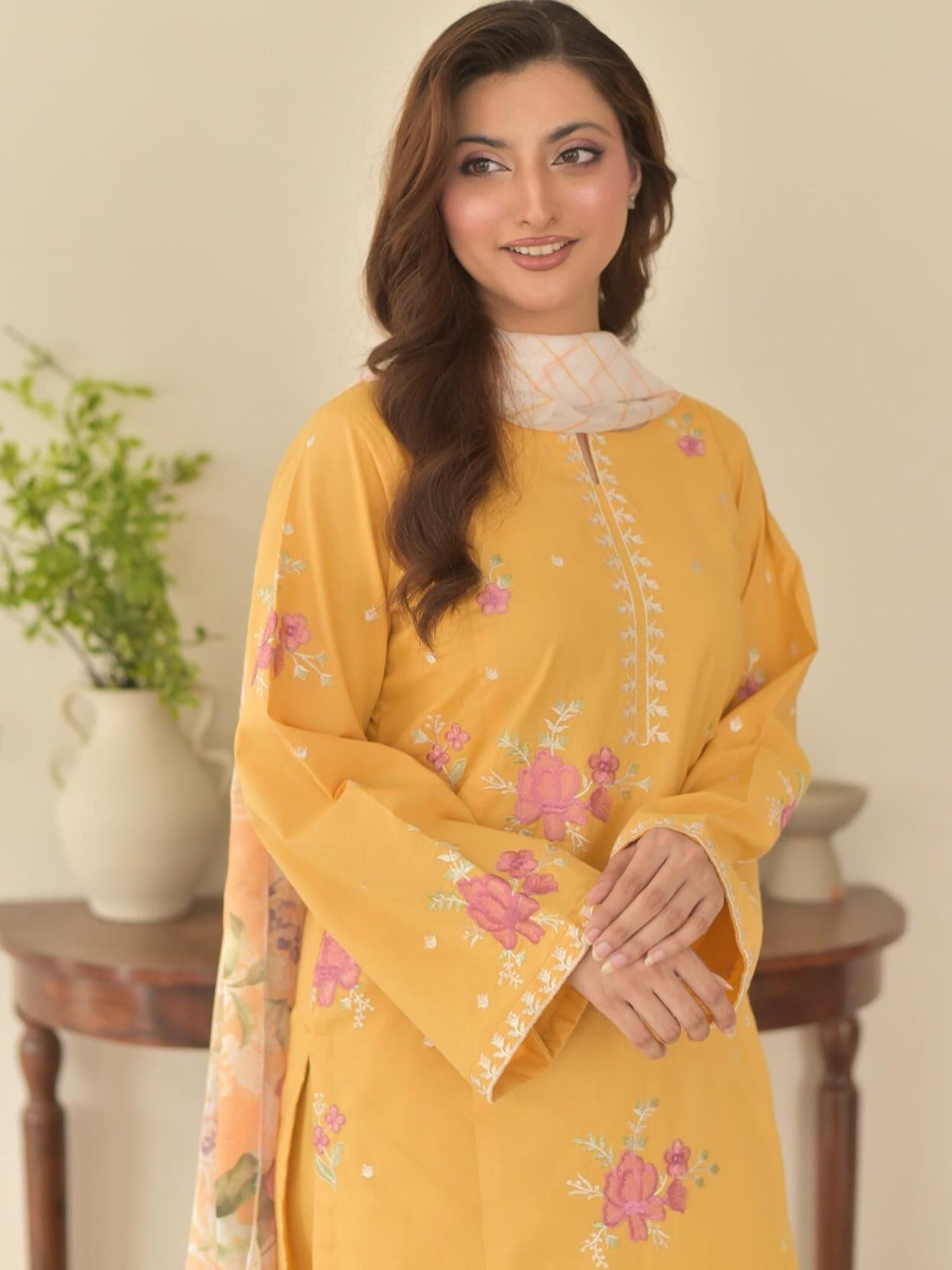 Tehzeeb Libaas Lawn Embroidered Stitched 3-Piece Suit-Yellow Sunflowers