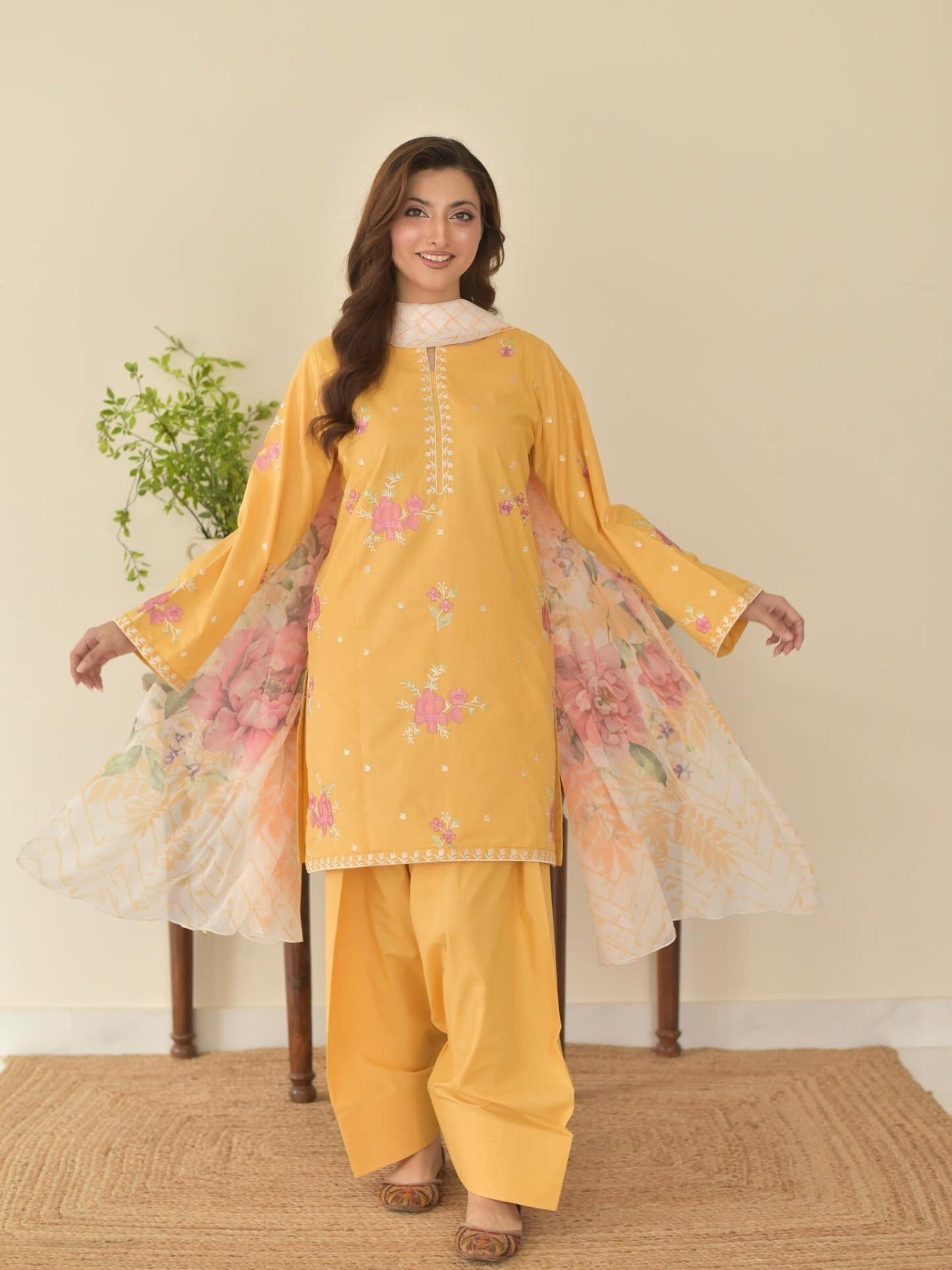 Tehzeeb Libaas Lawn Embroidered Stitched 3-Piece Suit-Yellow Sunflowers