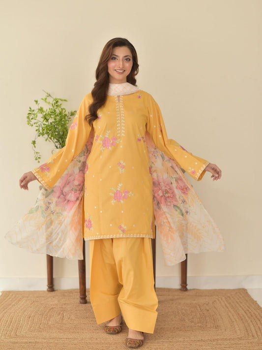 Tehzeeb Libaas Lawn Embroidered Stitched 3-Piece Suit-Yellow Sunflowers
