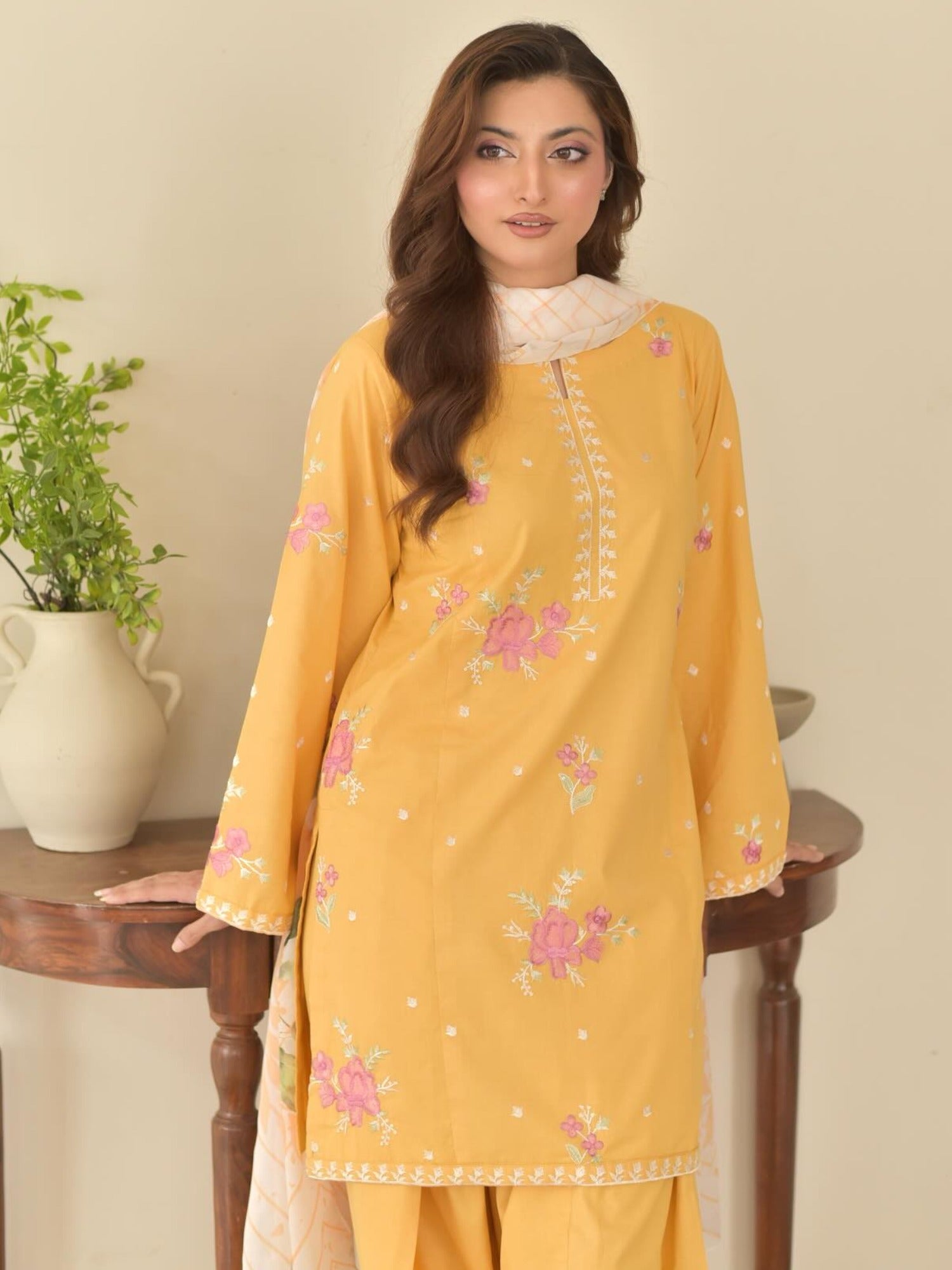 Tehzeeb Libaas Lawn Embroidered Stitched 3-Piece Suit-Yellow Sunflowers