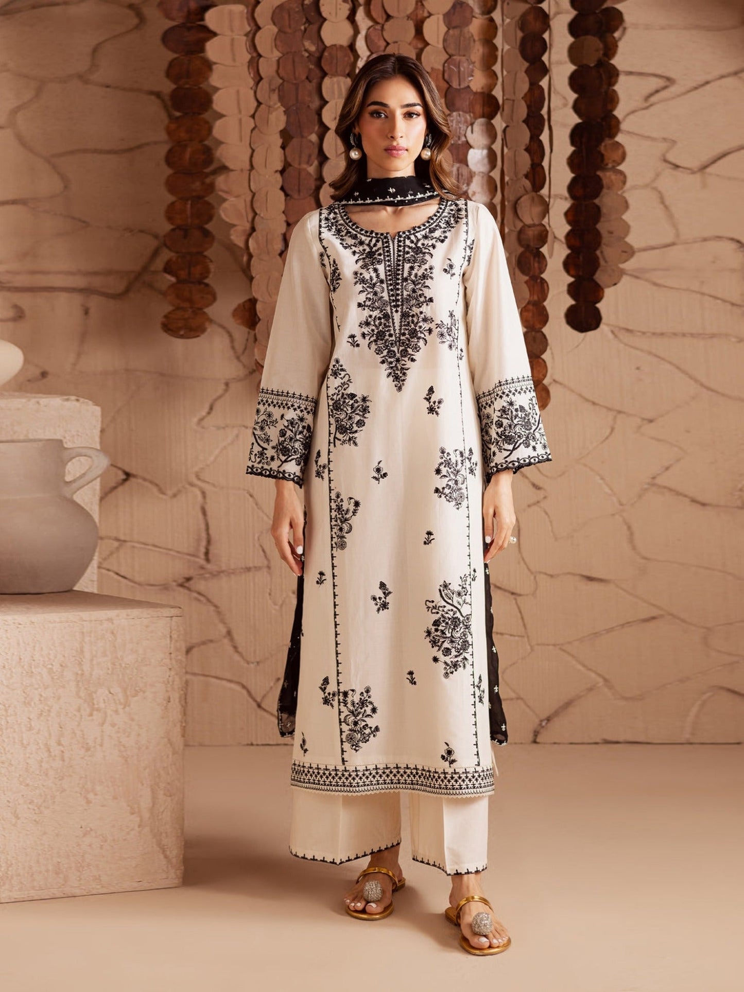 Black and White-Tehzeeb Libaas Lawn Embroidered Stitched 3-Piece Suit-White Pearl