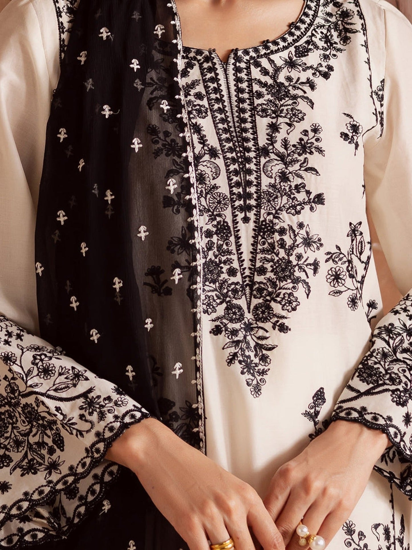 Black and White-Tehzeeb Libaas Lawn Embroidered Stitched 3-Piece Suit-White Pearl