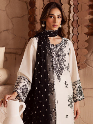 Black and White Tehzeeb Libaas Lawn Embroidered Stitched 3 Piece Suit White Pearl