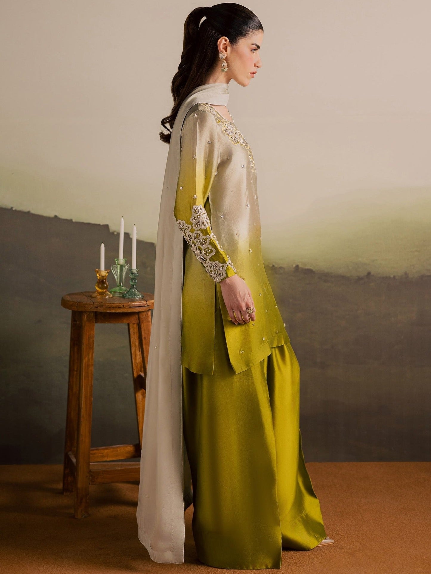Beige Olive Allure By IH Full Circle Tussel Silk Embroidered Stitched 3-Piece Suit-Loop