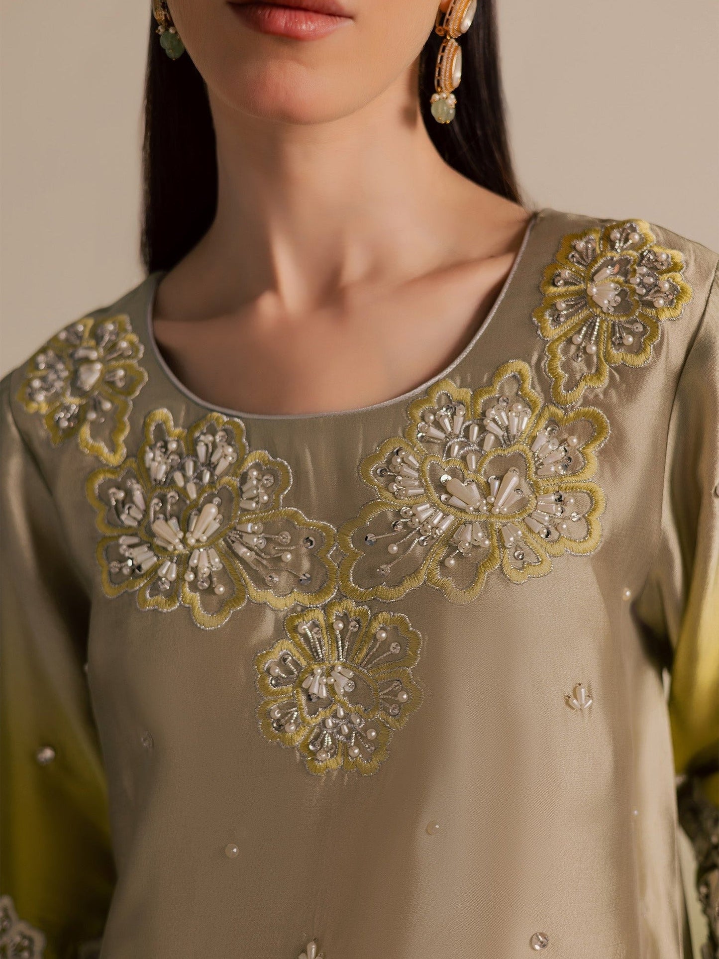 Beige Olive Allure By IH Full Circle Tussel Silk Embroidered Stitched 3-Piece Suit-Loop
