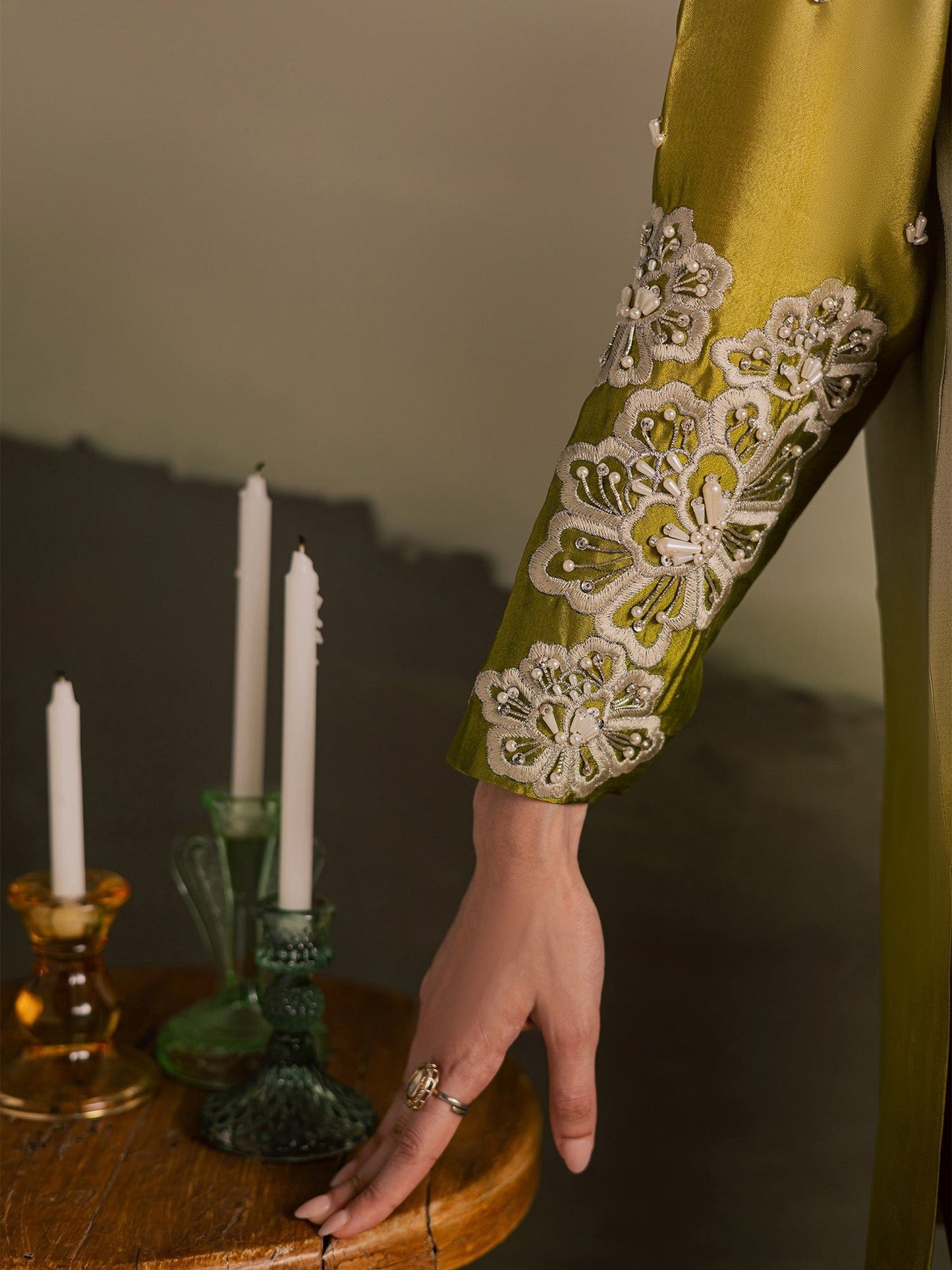 Beige Olive Allure By IH Full Circle Tussel Silk Embroidered Stitched 3-Piece Suit-Loop