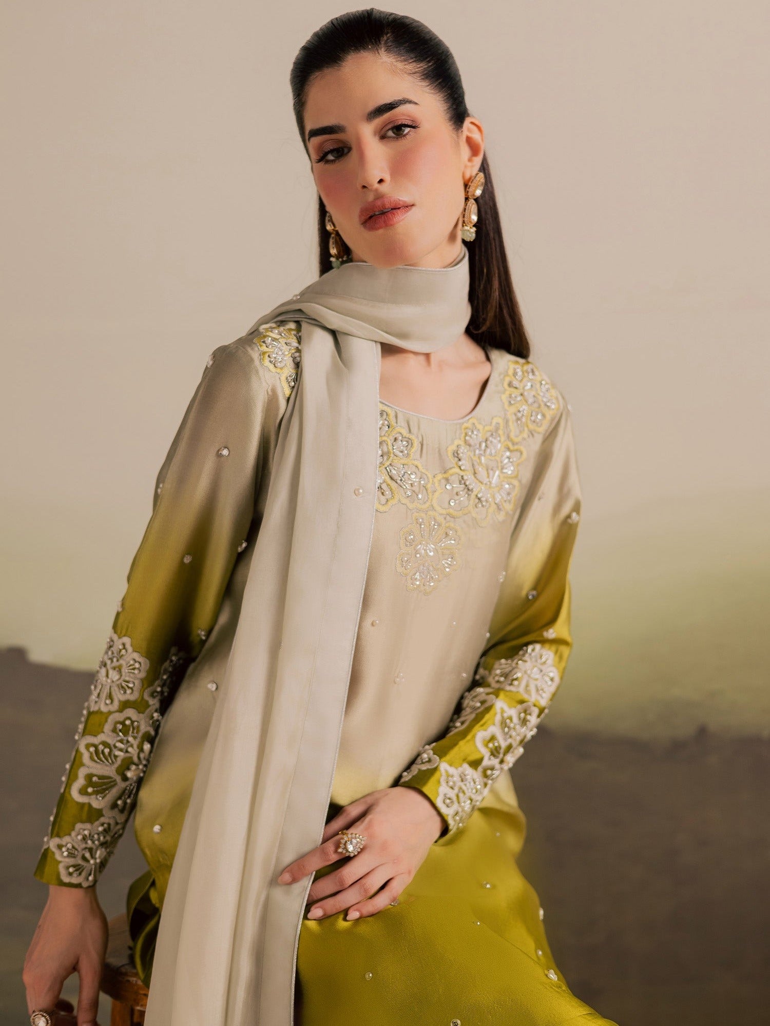 Beige Olive Allure By IH Full Circle Tussel Silk Embroidered Stitched 3-Piece Suit-Loop