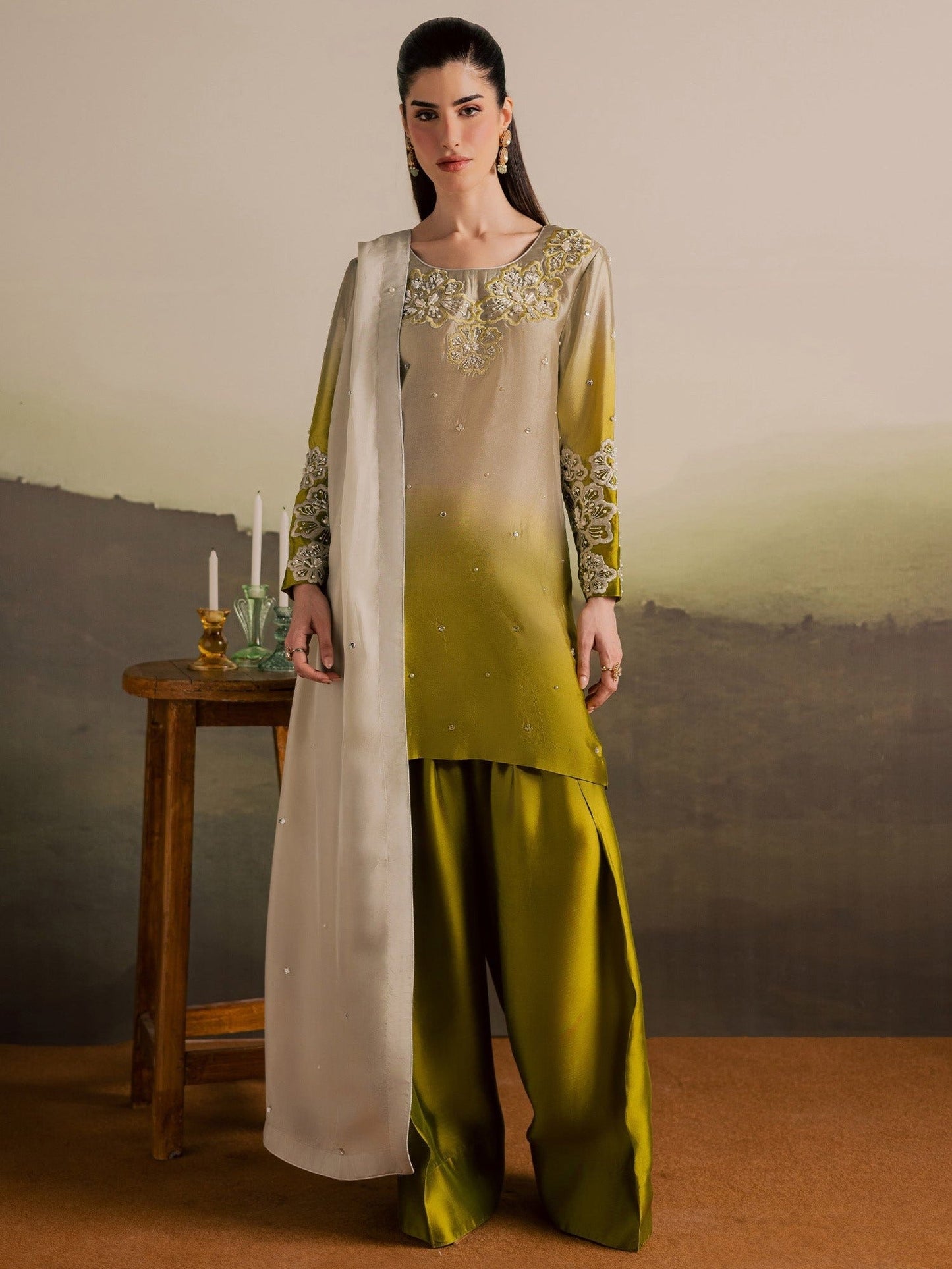 Beige Olive Allure By IH Full Circle Tussel Silk Embroidered Stitched 3-Piece Suit-Loop
