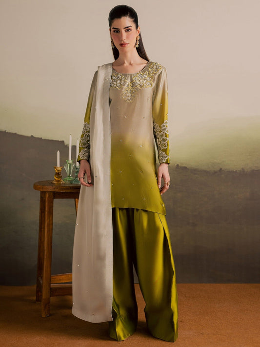 Beige Olive Allure By IH Full Circle Tussel Silk Embroidered Stitched 3-Piece Suit-Loop