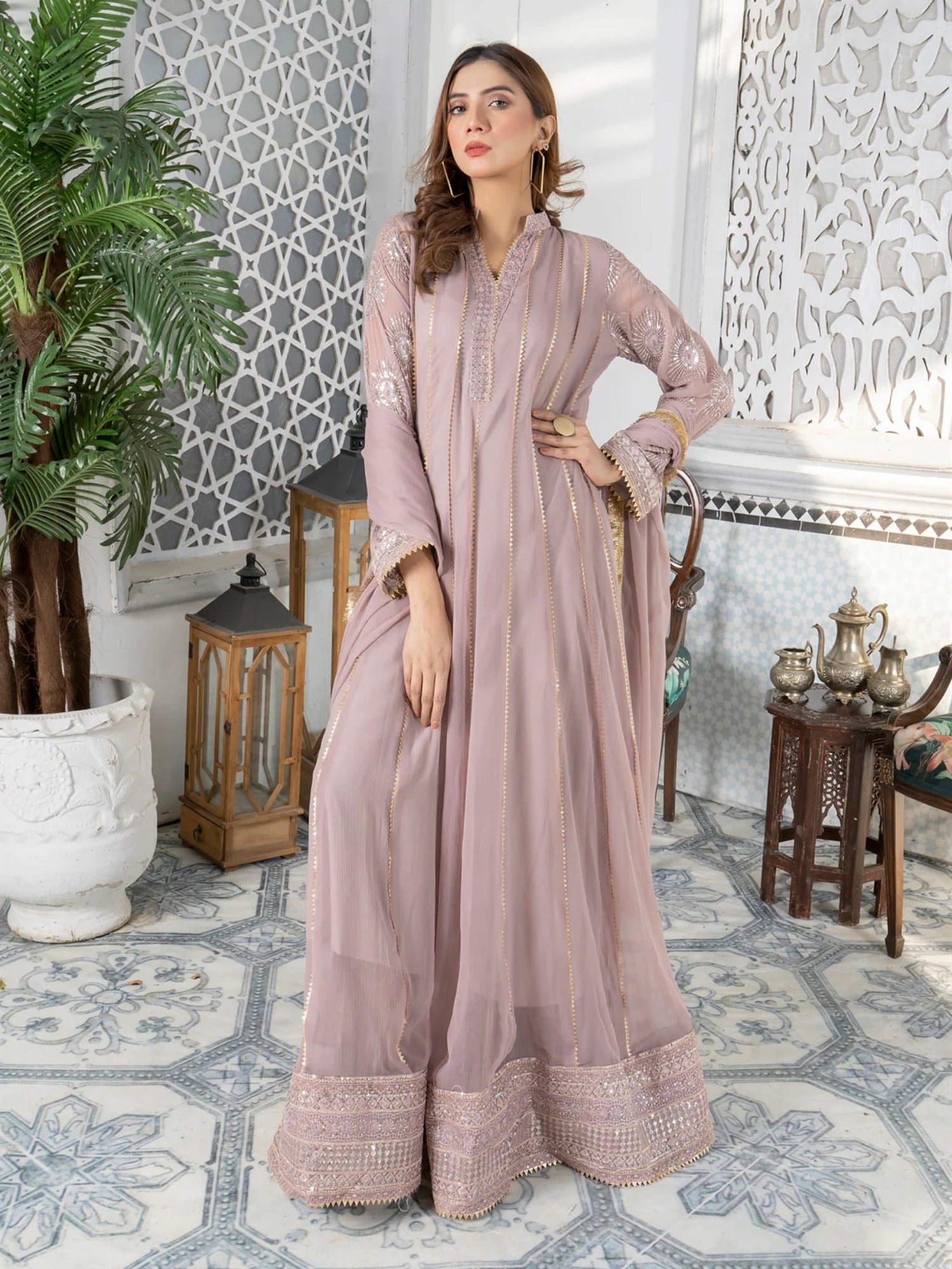 Lilac Manahil Arts Chiffon Embroidered Stitched 3-Piece Maxi-Kurti 106-Lilac