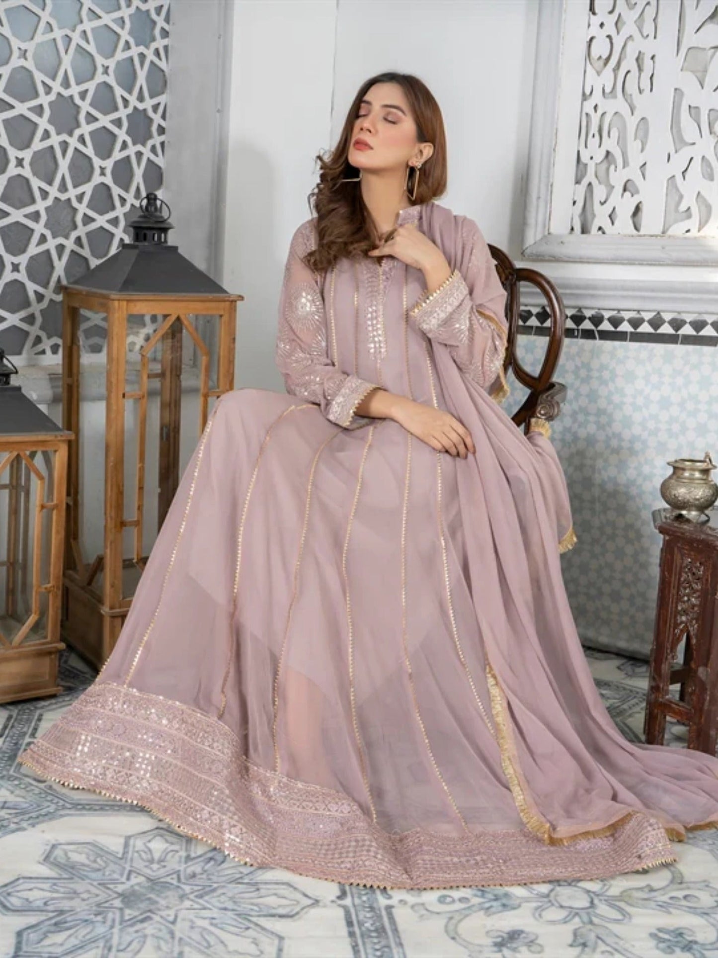 Lilac Manahil Arts Chiffon Embroidered Stitched 3-Piece Maxi-Kurti 106-Lilac