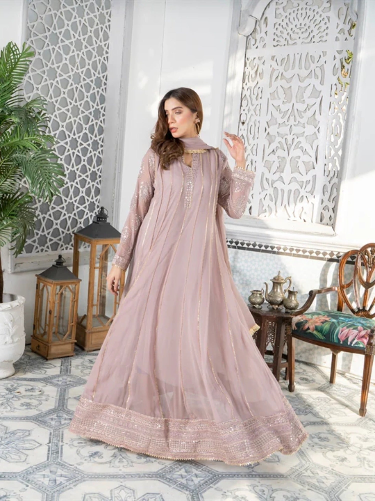 Lilac Manahil Arts Chiffon Embroidered Stitched 3-Piece Maxi-Kurti 106-Lilac