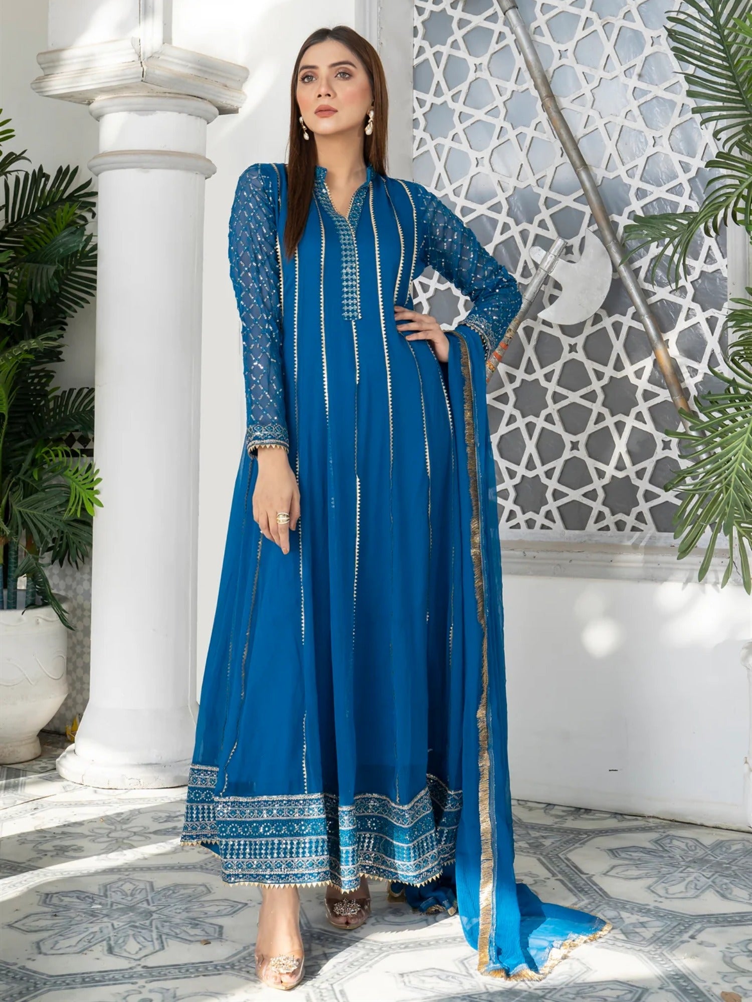 Manahil Arts Chiffon Embroidered Stitched 3-Piece Maxi-Kurti 106-Zinc