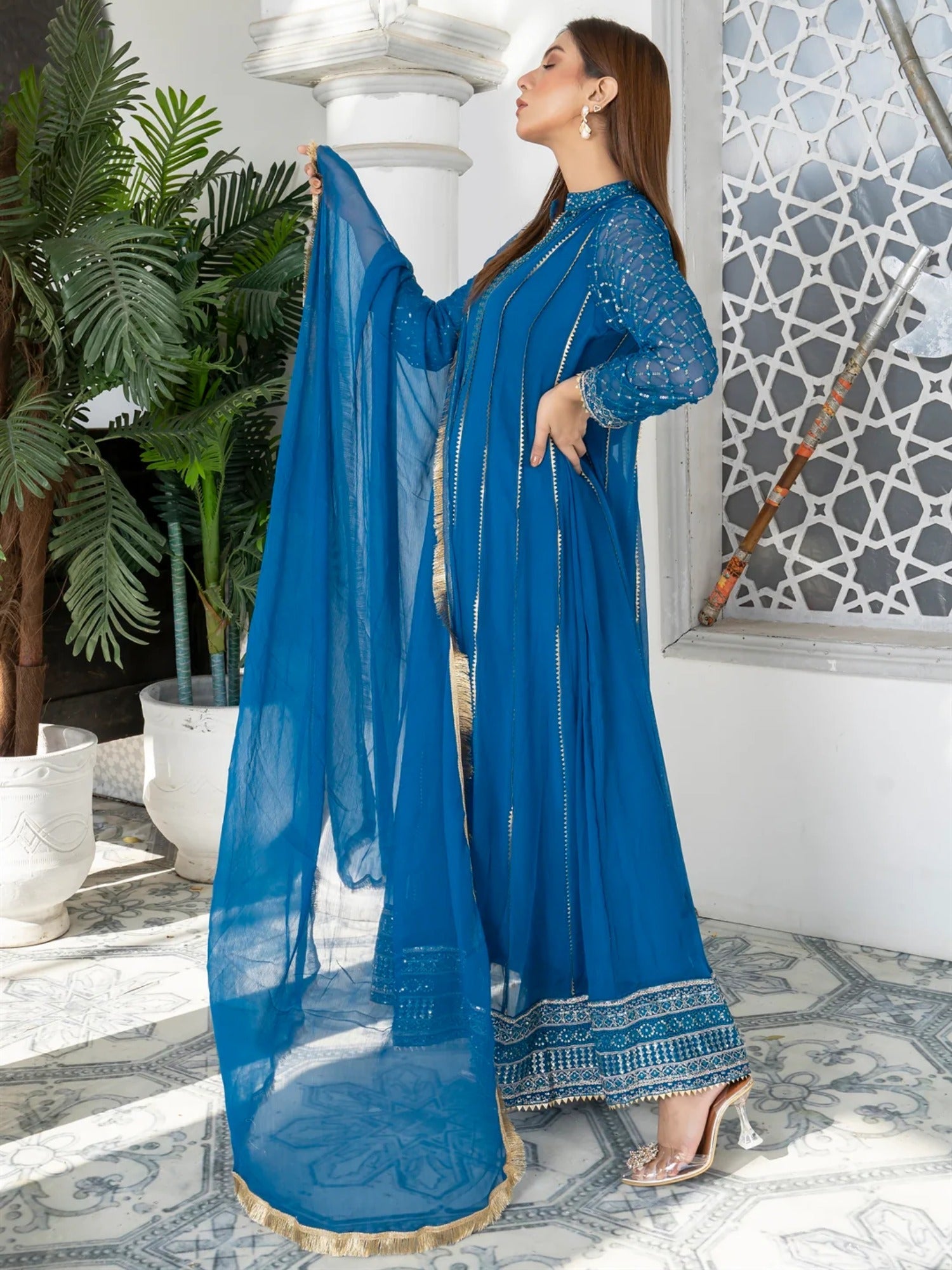 Manahil Arts Chiffon Embroidered Stitched 3-Piece Maxi-Kurti 106-Zinc