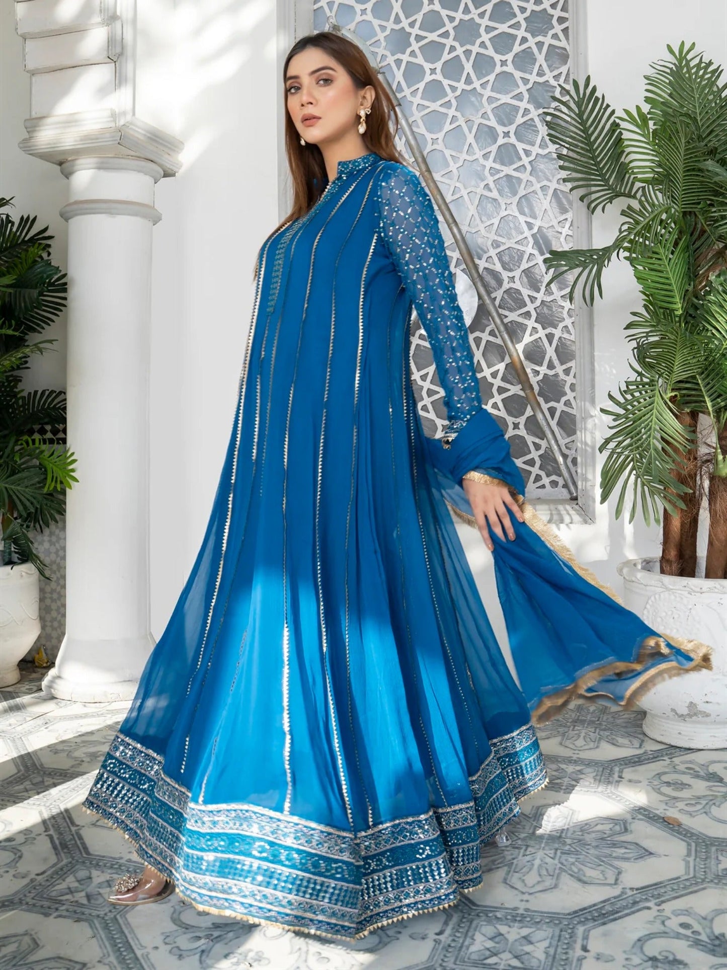 Manahil Arts Chiffon Embroidered Stitched 3-Piece Maxi-Kurti 106-Zinc