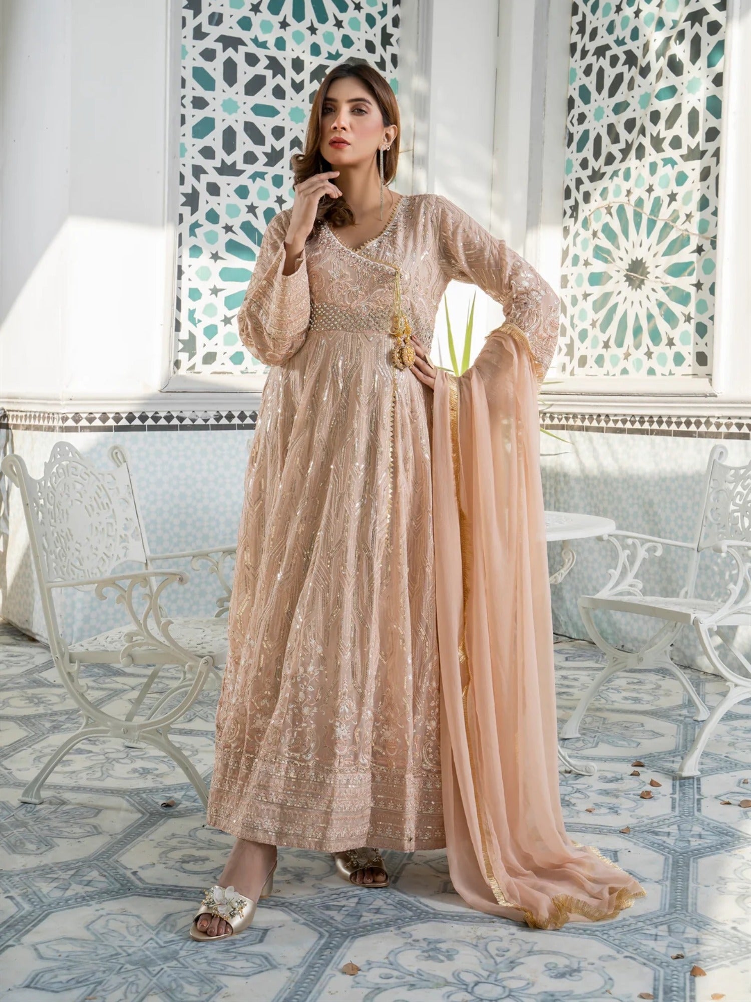 Peach Manahil Arts Chiffon Embroidered Stitched 3-Piece Suit-Kurti 105-Peach