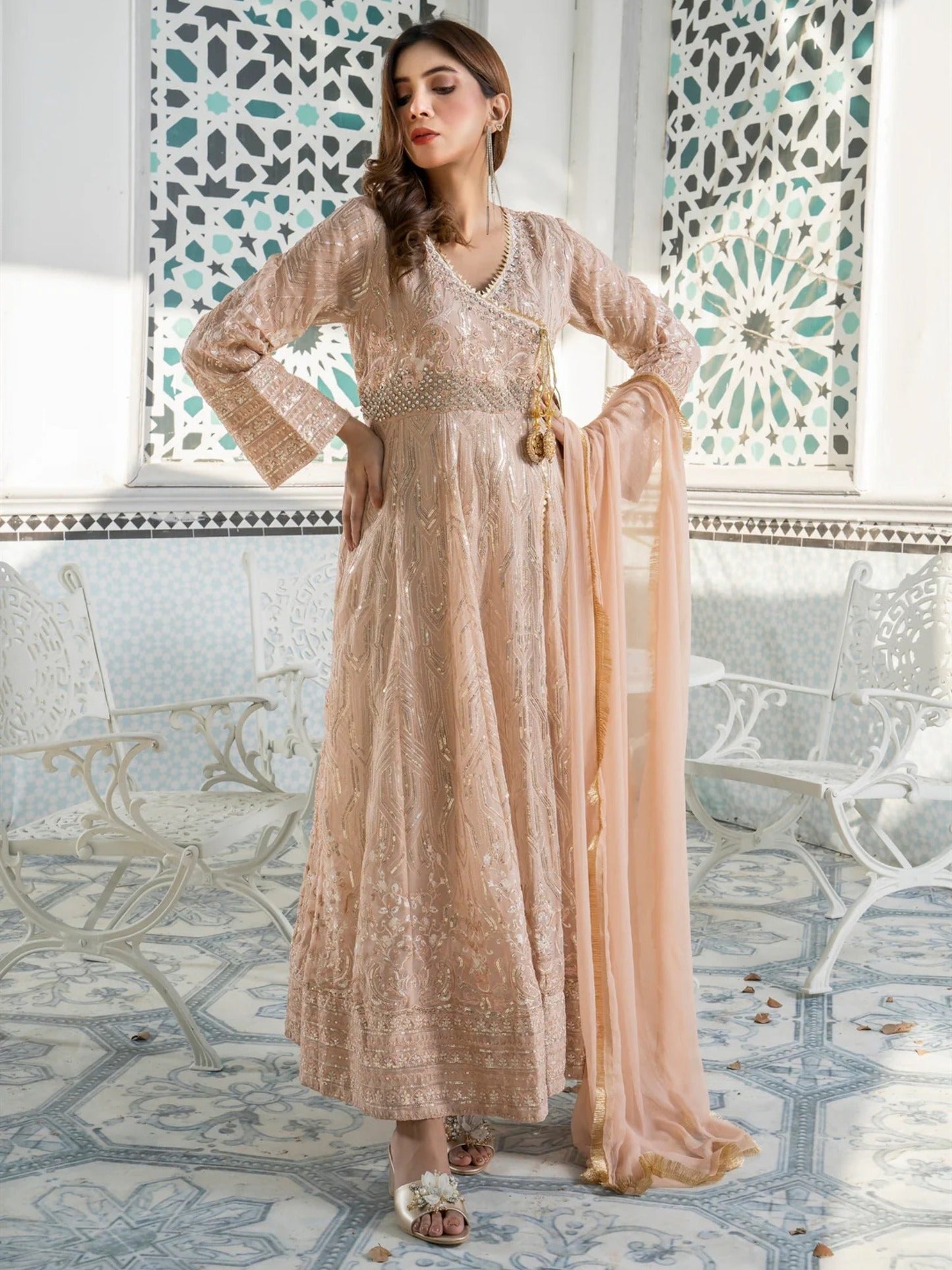 Peach Manahil Arts Chiffon Embroidered Stitched 3-Piece Suit-Kurti 105-Peach