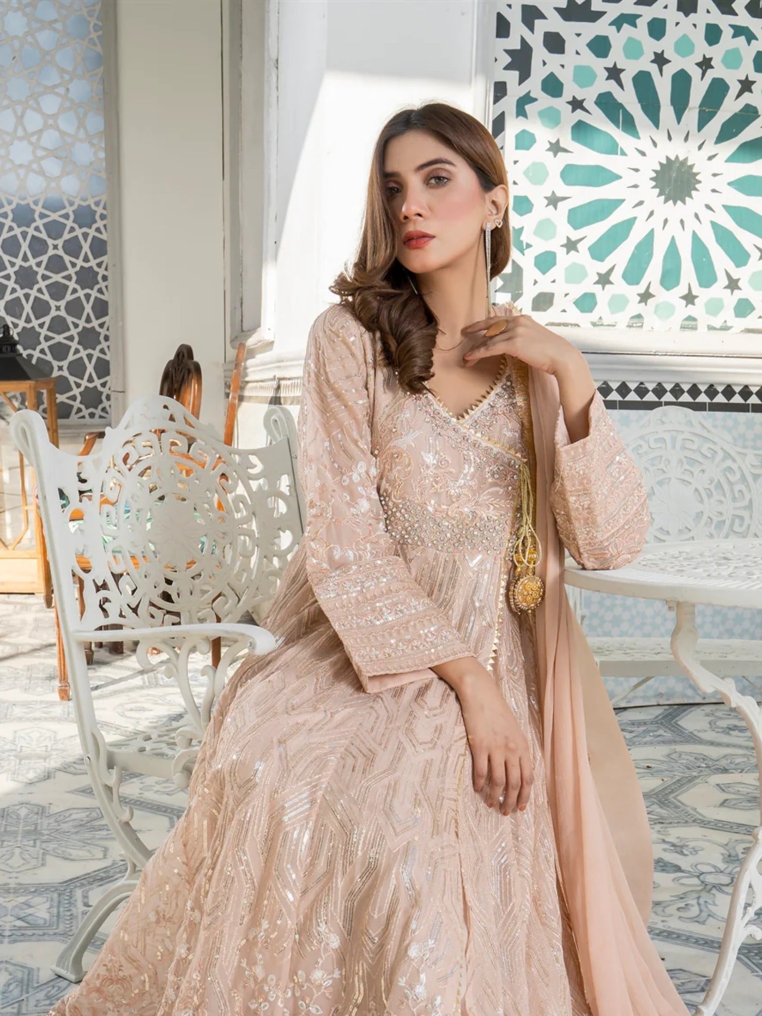 Peach Manahil Arts Chiffon Embroidered Stitched 3-Piece Suit-Kurti 105-Peach