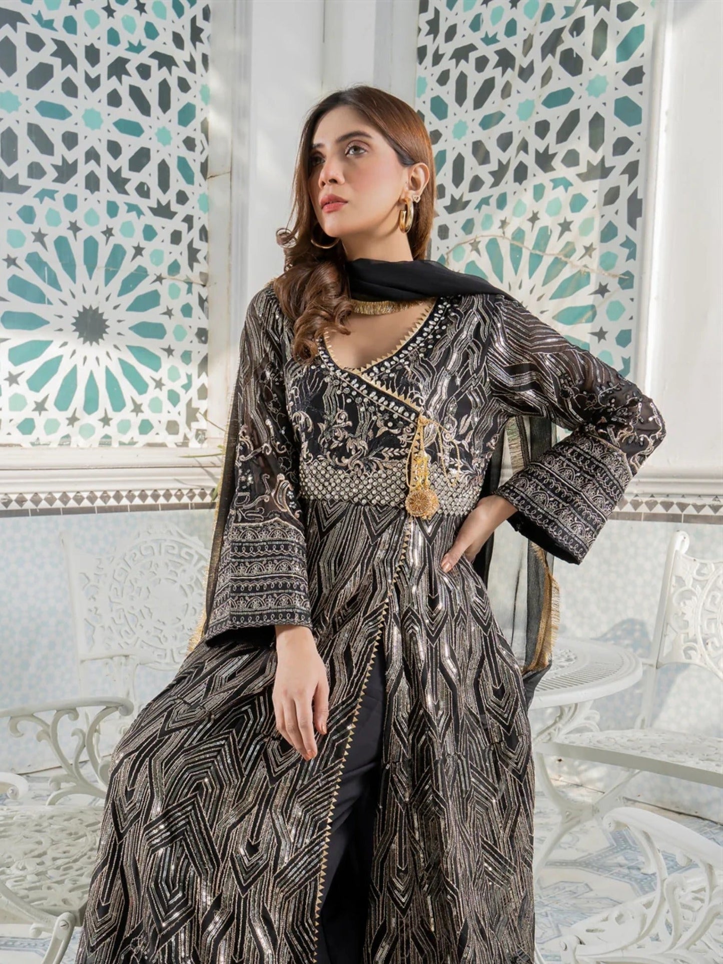 Black Manahil Arts Chiffon Embroidered Stitched 3-Piece Suit-Kurti 105-Black