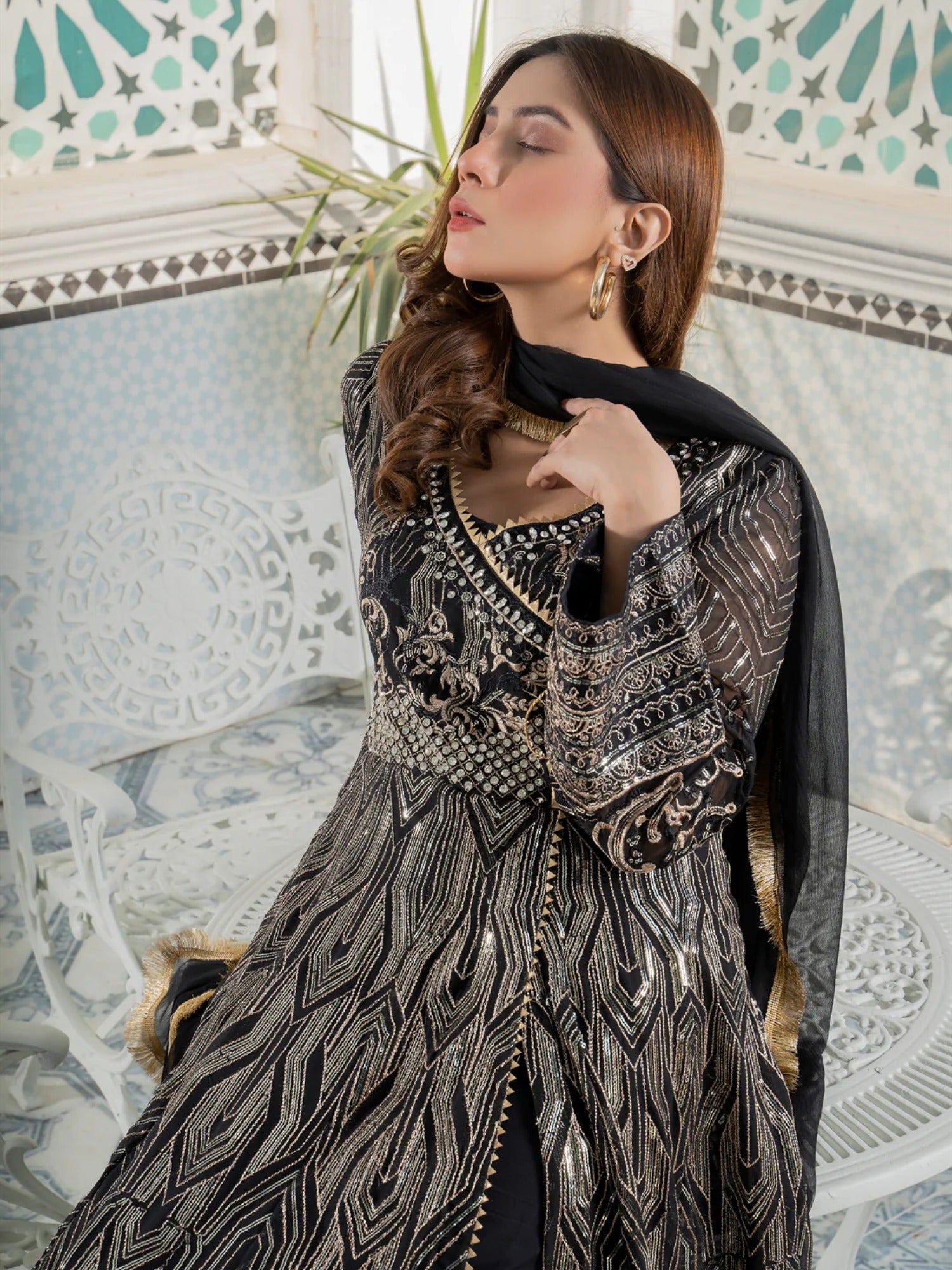 Black Manahil Arts Chiffon Embroidered Stitched 3-Piece Suit-Kurti 105-Black