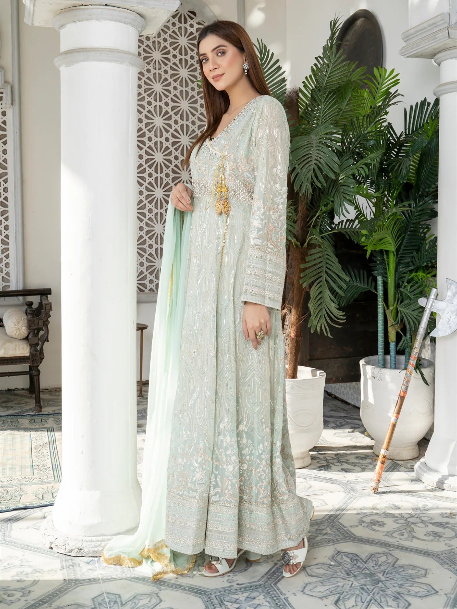 Manahil Arts Chiffon Embroidered Stitched 3-Piece Suit-Kurti 105-Aqua