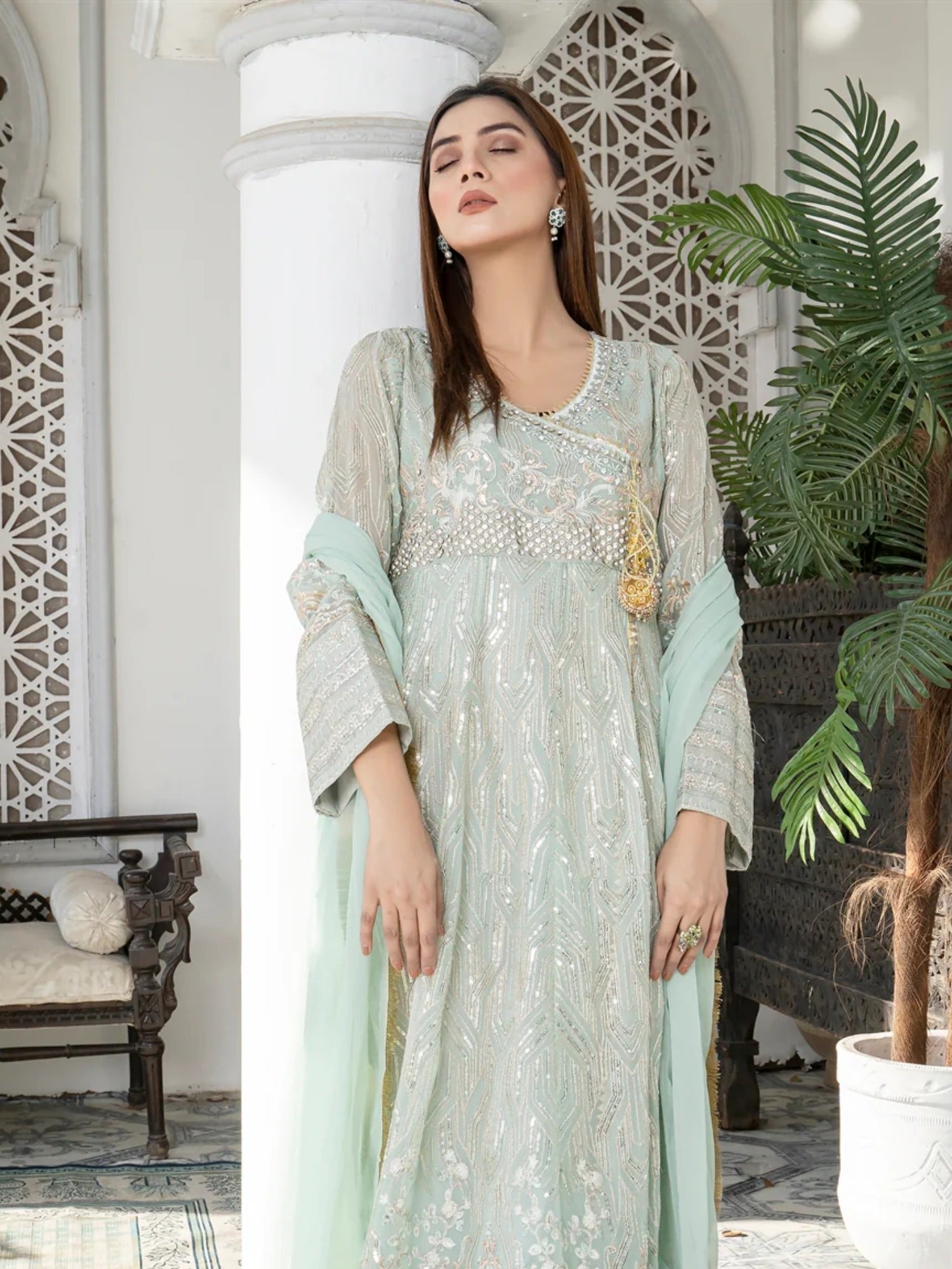 Manahil Arts Chiffon Embroidered Stitched 3-Piece Suit-Kurti 105-Aqua