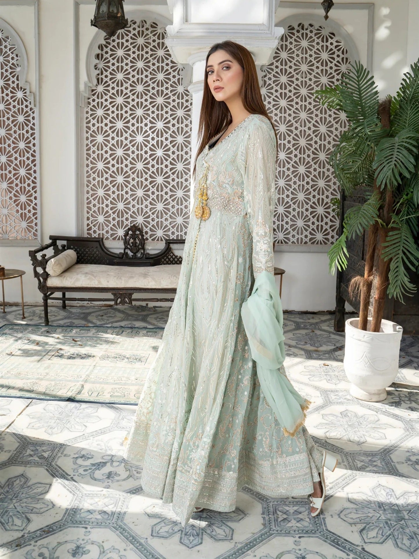 Manahil Arts Chiffon Embroidered Stitched 3-Piece Suit-Kurti 105-Aqua