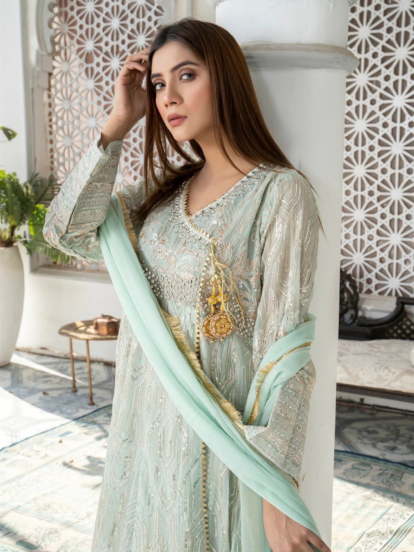 Manahil Arts Chiffon Embroidered Stitched 3-Piece Suit-Kurti 105-Aqua