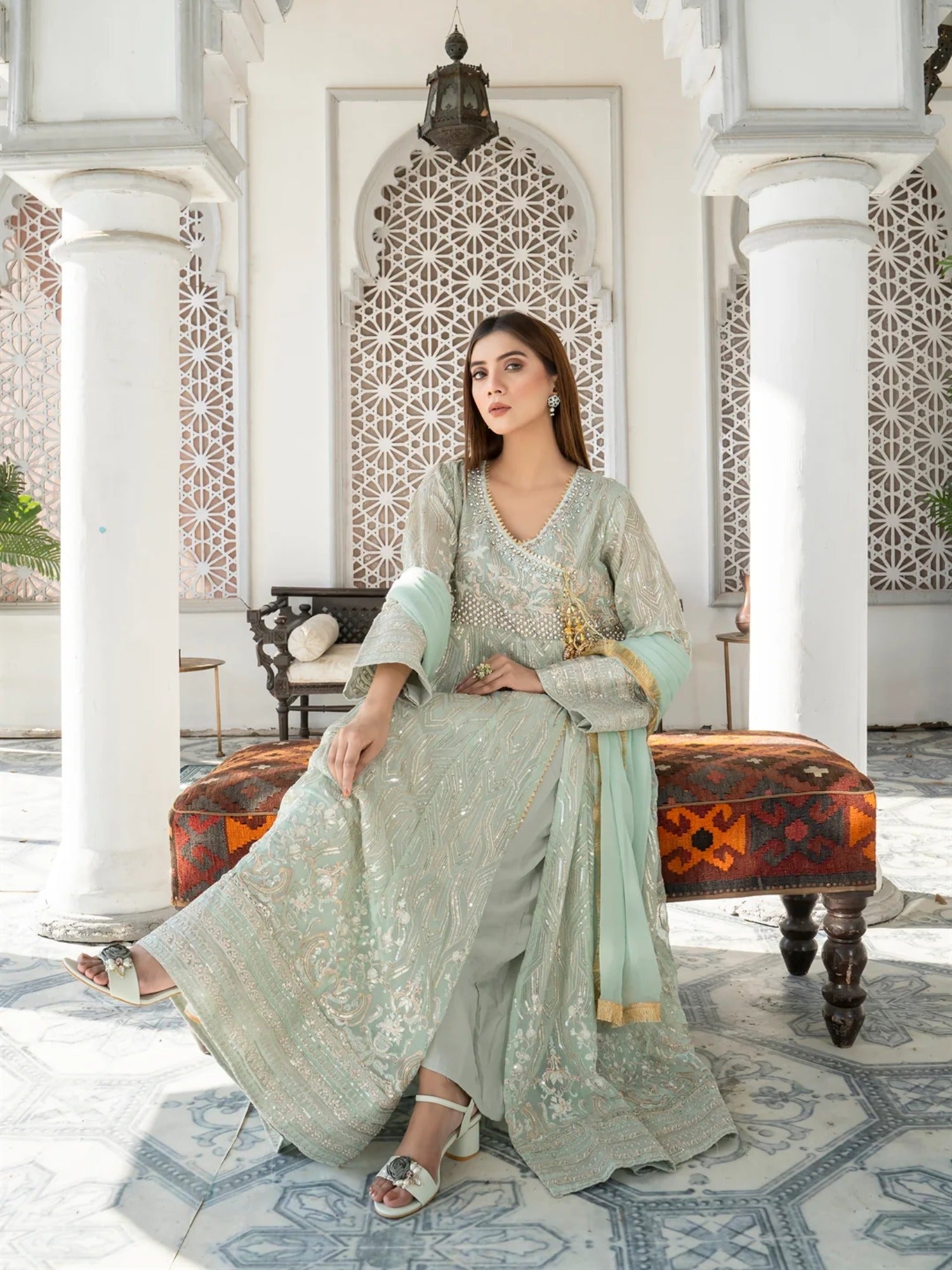 Manahil Arts Chiffon Embroidered Stitched 3-Piece Suit-Kurti 105-Aqua