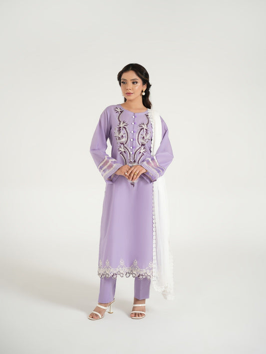 Purple-Arshman's Lawn Embroidered Stitched 3-Piece Suit-ARS-037 Lavender Muse