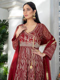 Maroon Manahil Arts Chiffon Embroidered Stitched 3-Piece Suit-Kurti 105-Maroon