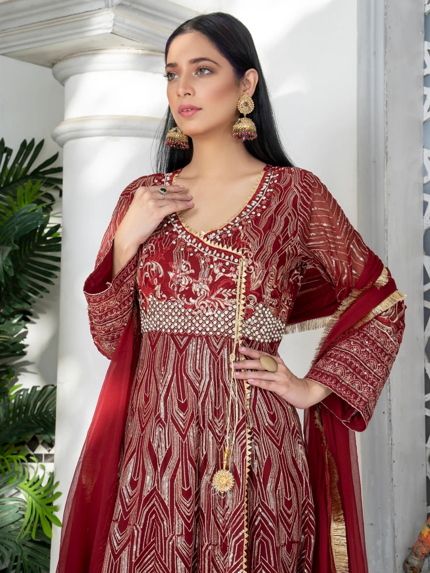 Maroon Manahil Arts Chiffon Embroidered Stitched 3-Piece Suit-Kurti 105-Maroon