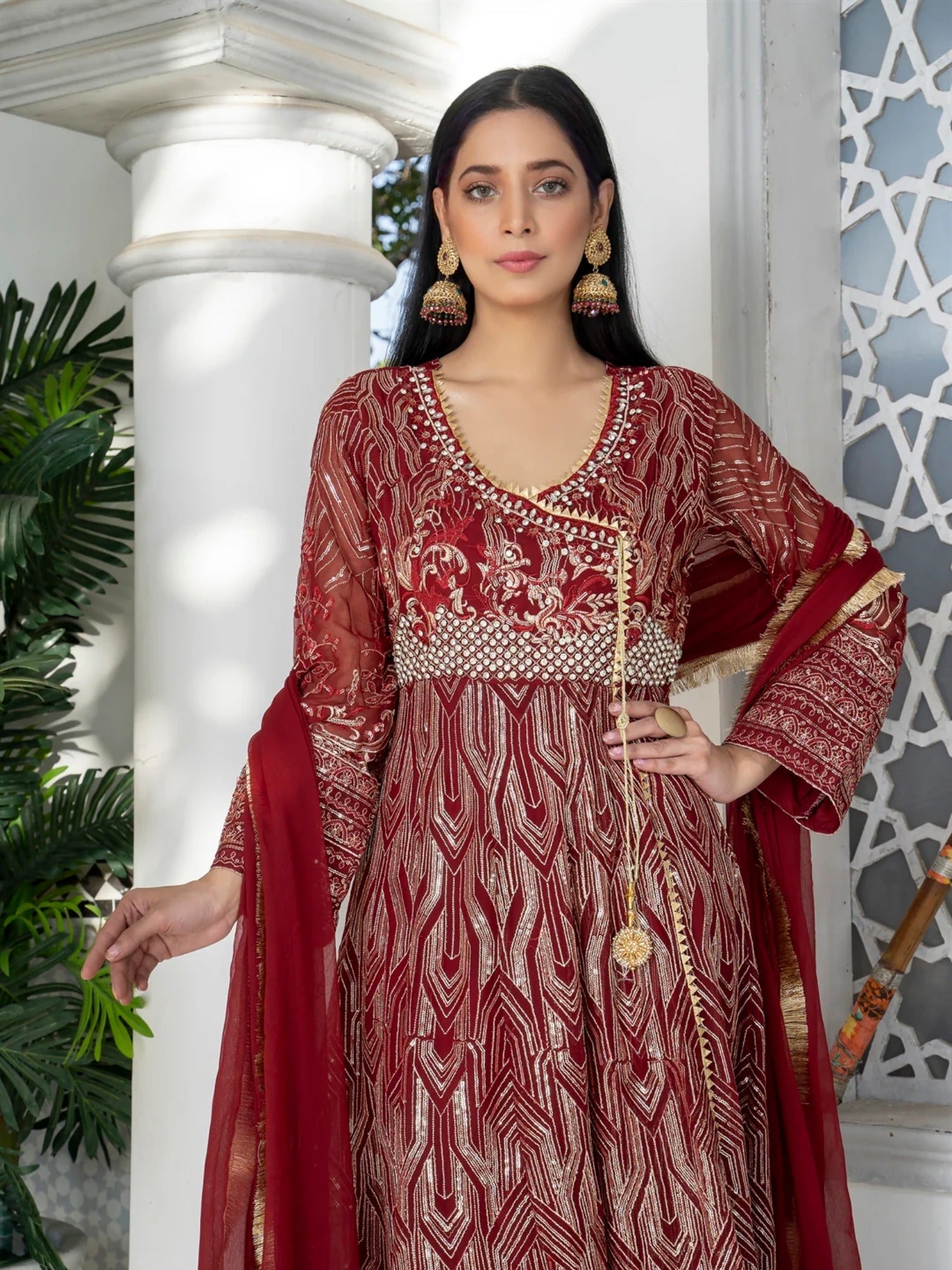 Maroon Manahil Arts Chiffon Embroidered Stitched 3-Piece Suit-Kurti 105-Maroon