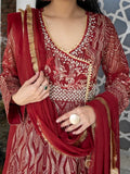 Maroon Manahil Arts Chiffon Embroidered Stitched 3-Piece Suit-Kurti 105-Maroon